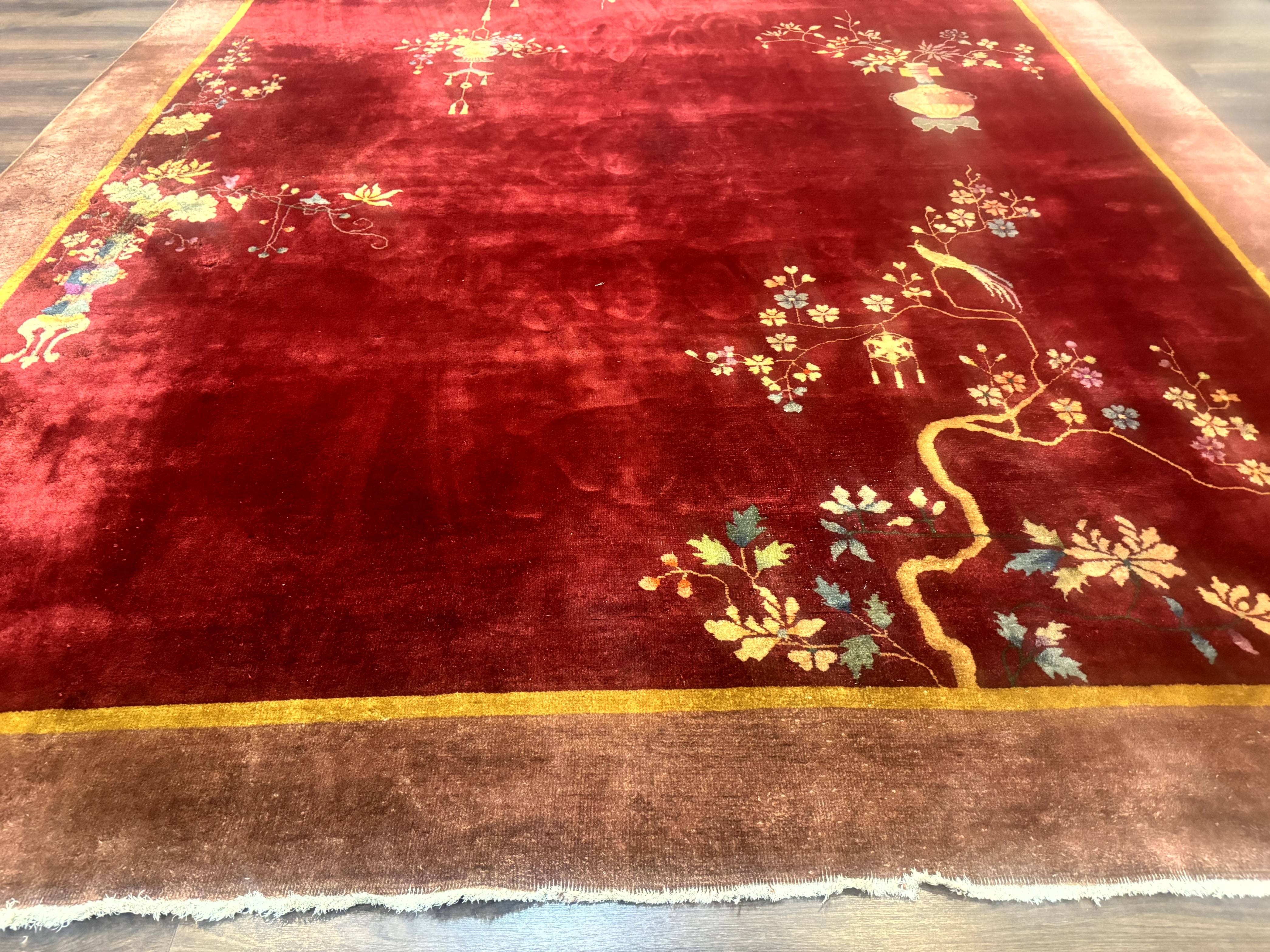 Red Chinese Art Deco Rug 9x11, Simple Design, Wool Chinese Area Rug, Antique - Image 5