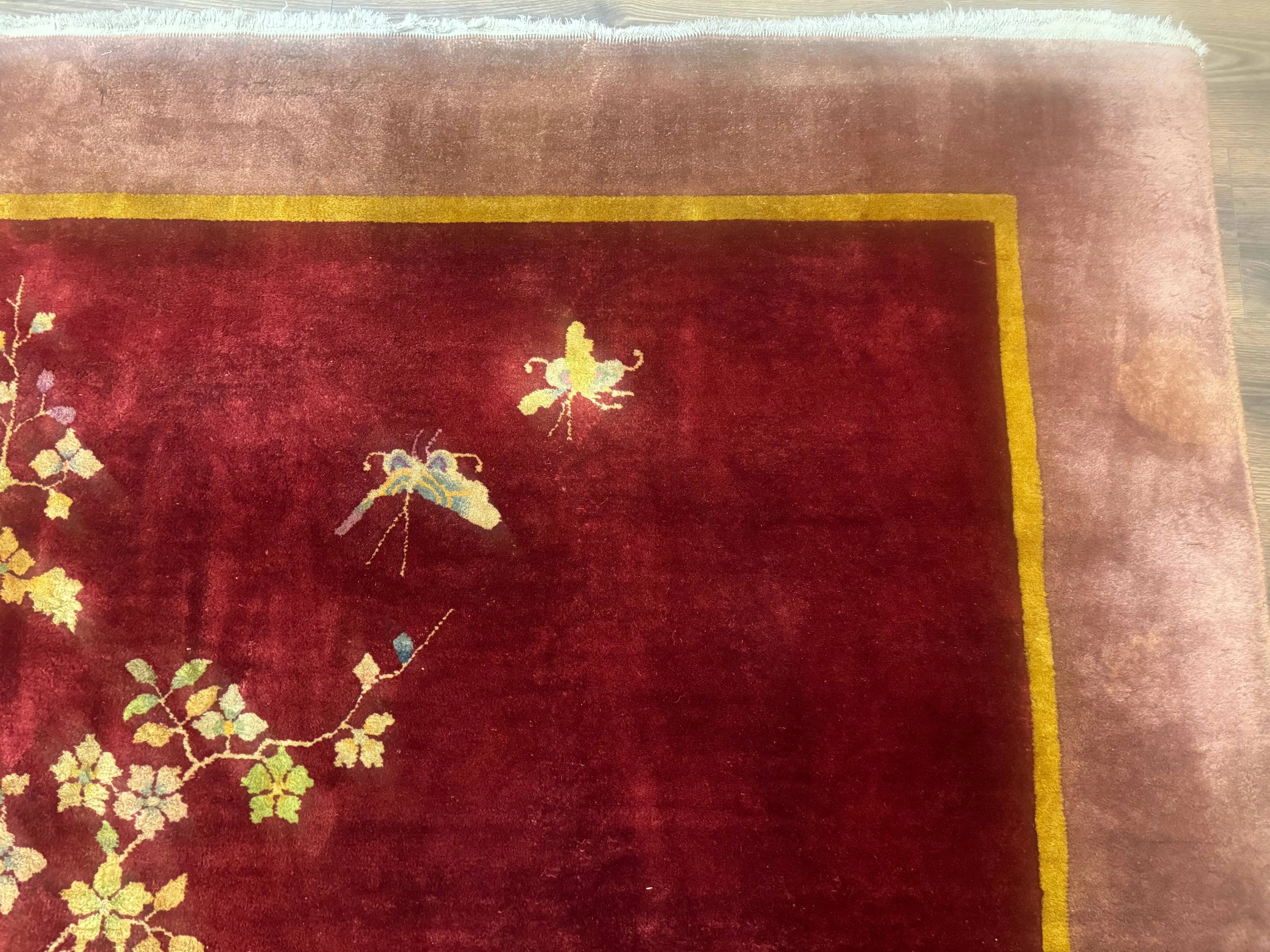 Red Chinese Art Deco Rug 9x11, Simple Design, Wool Chinese Area Rug, Antique - Image 7
