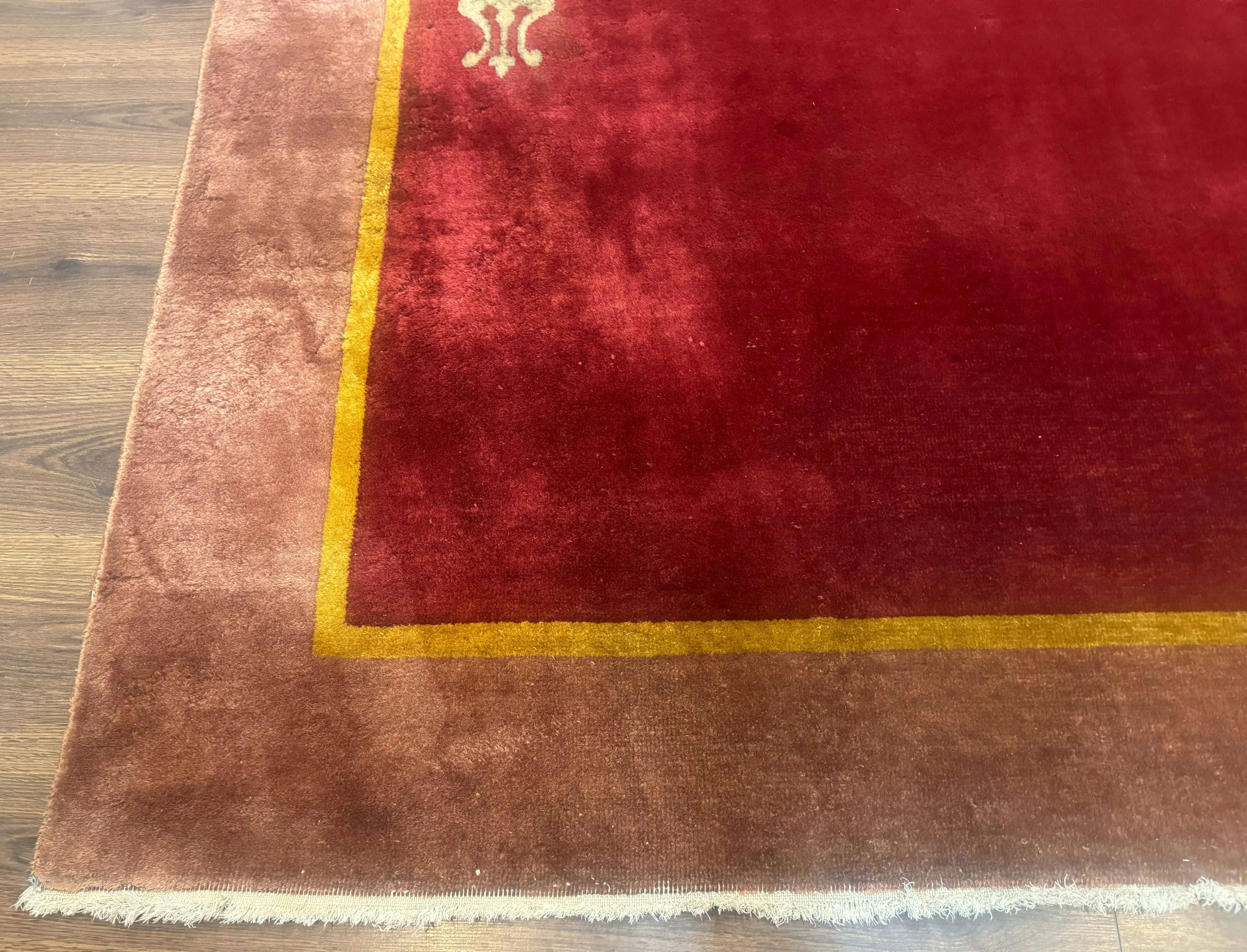 Red Chinese Art Deco Rug 9x11, Simple Design, Wool Chinese Area Rug, Antique - Image 8