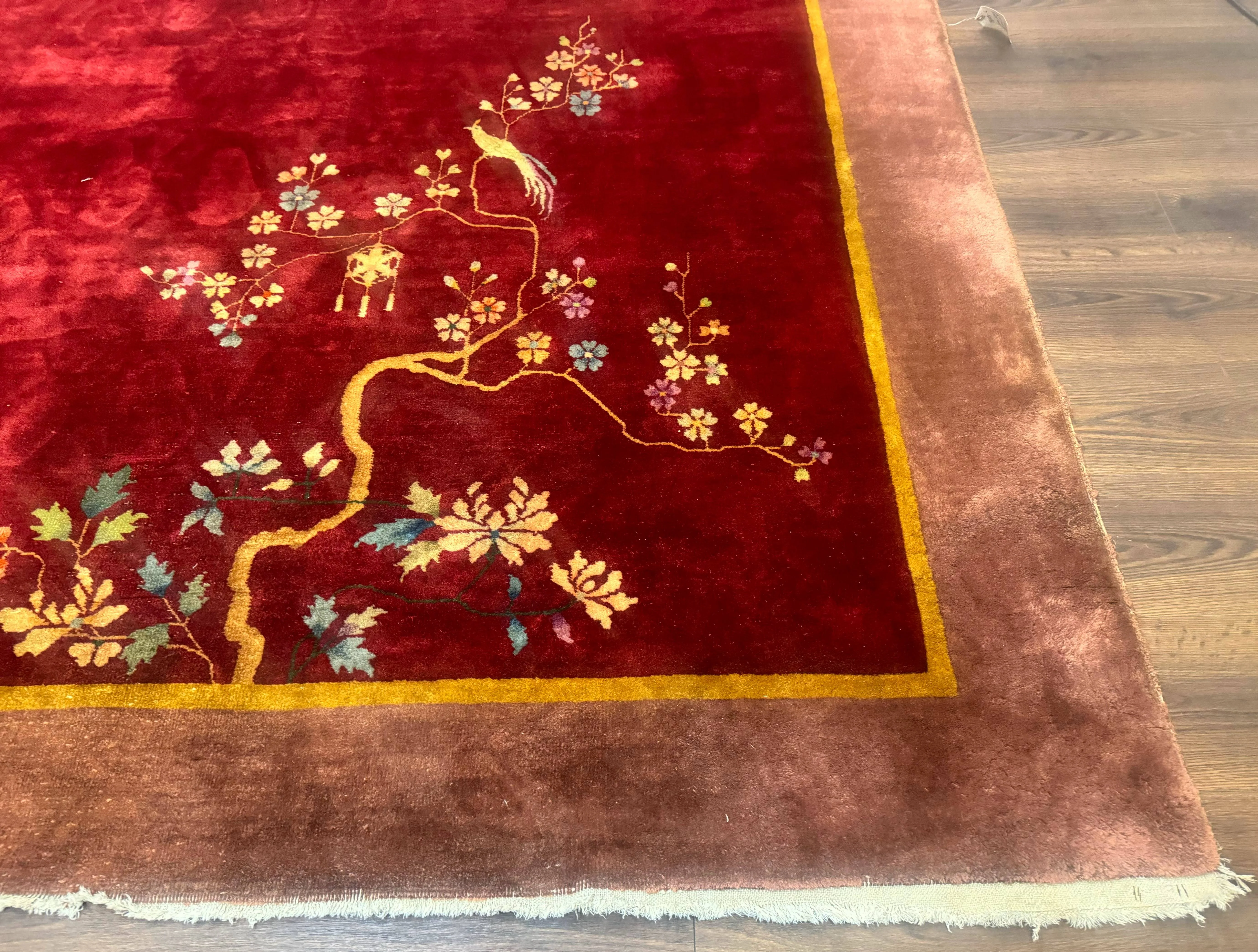 Red Chinese Art Deco Rug 9x11, Simple Design, Wool Chinese Area Rug, Antique - Image 9