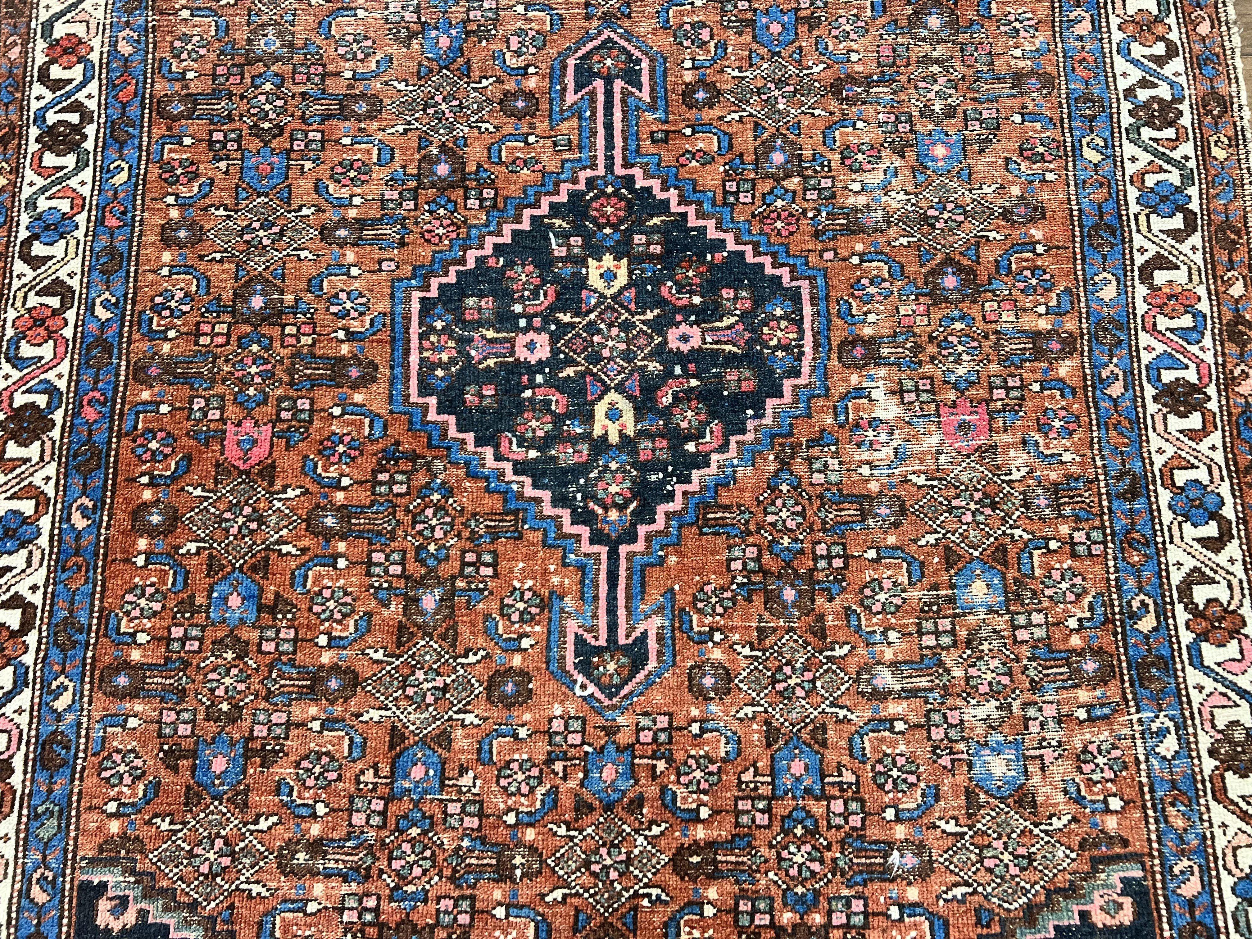 Red Persian Hamadan Rug 4x6, Wool Handmade Antique Carpet, Geometric Medallion Rug, Oriental Rug 4 x 6, Persian Tribal Rug, Hand Knotted Rug - Image 4
