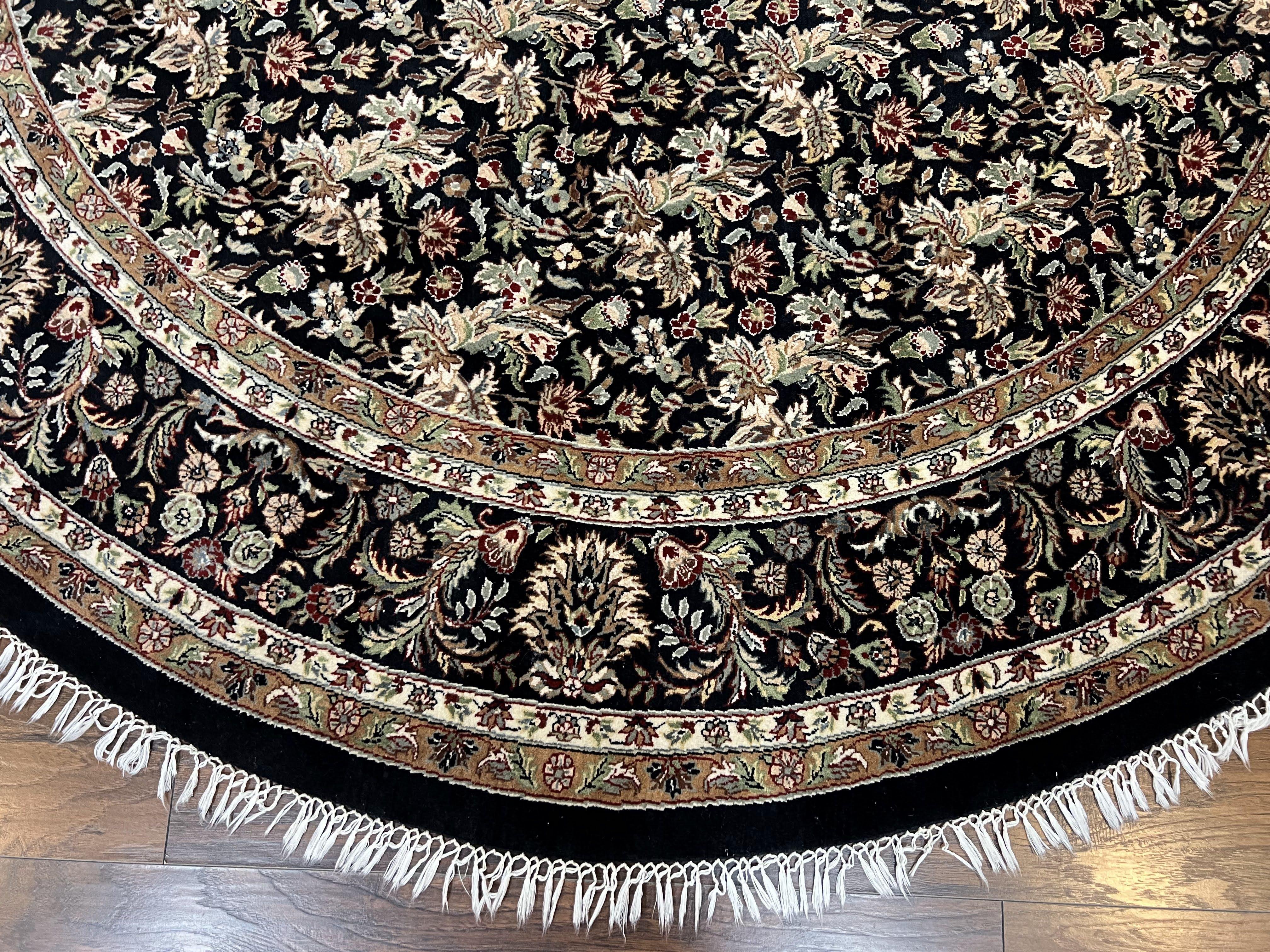 Round Oriental Rug 8x8 ft, William Morris Floral Pattern Carpet, 8 x 8 ft Round Rug, Black Cream and Tan 8ft Round Handmade Indo Persian Rug - Image 4
