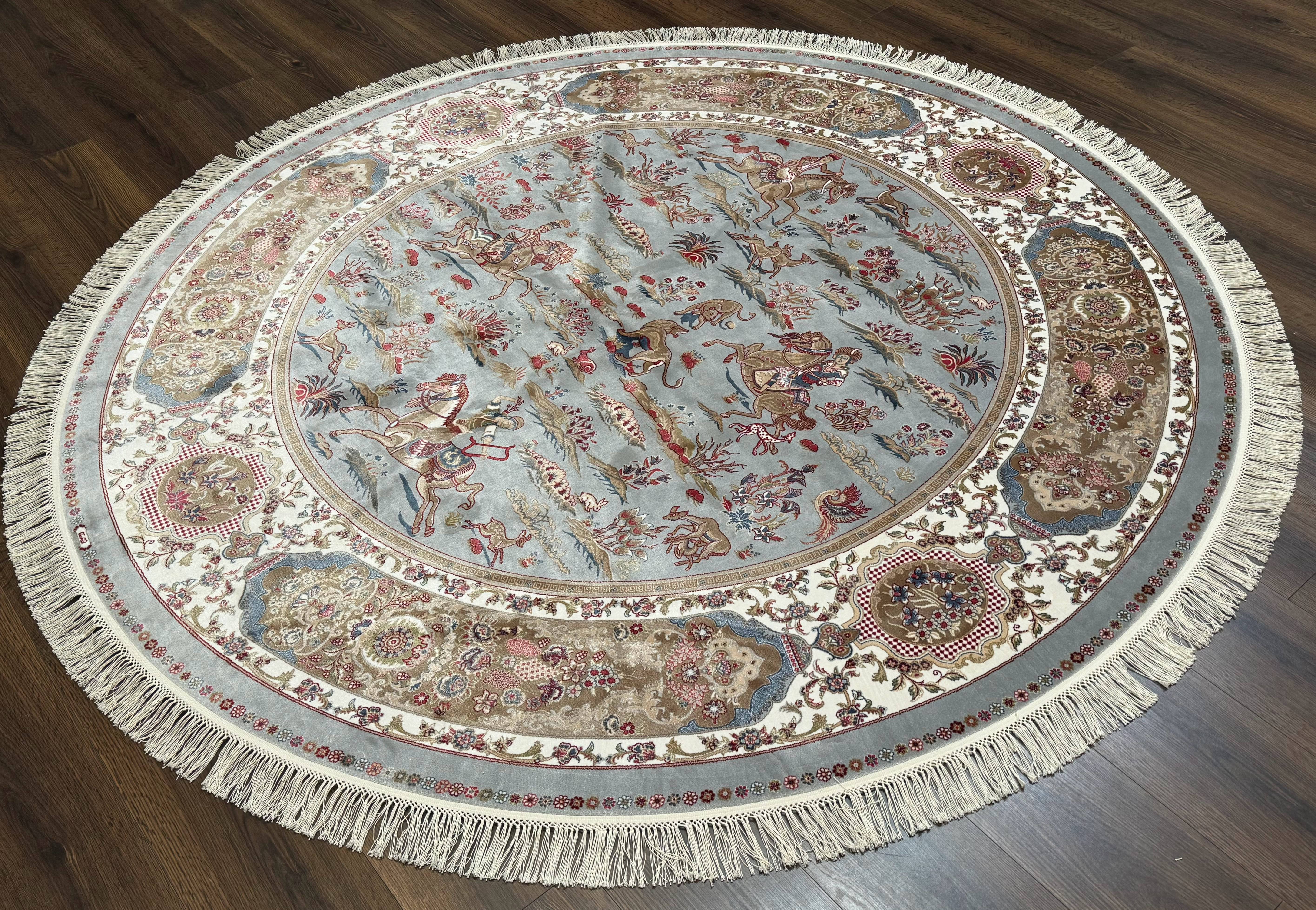 Round Silk Rug 6x6, Hunting Design, Bamboo Silk, Animal Pictorials - Image 12