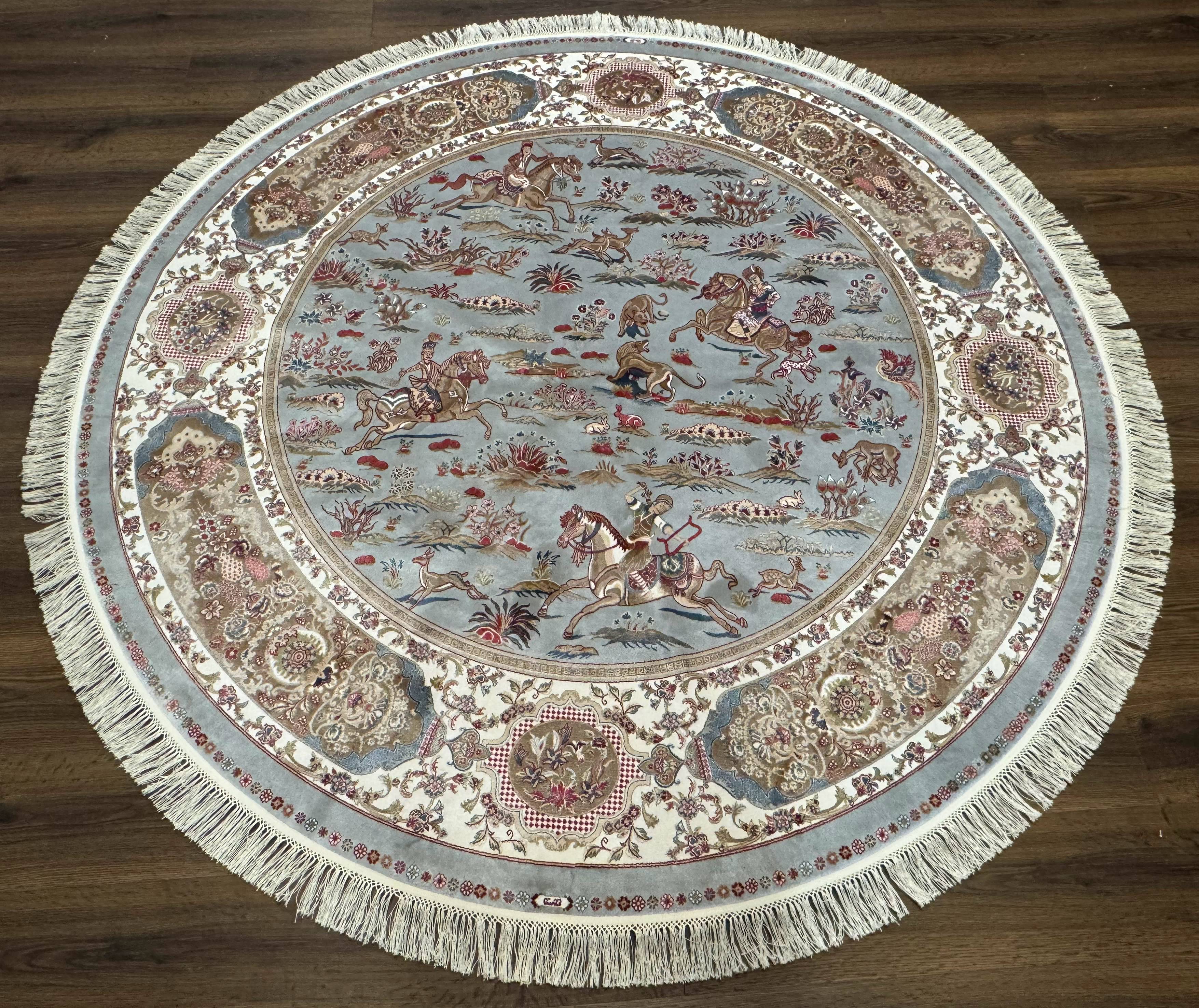 Round Silk Rug 6x6, Hunting Design, Bamboo Silk, Animal Pictorials - Image 2