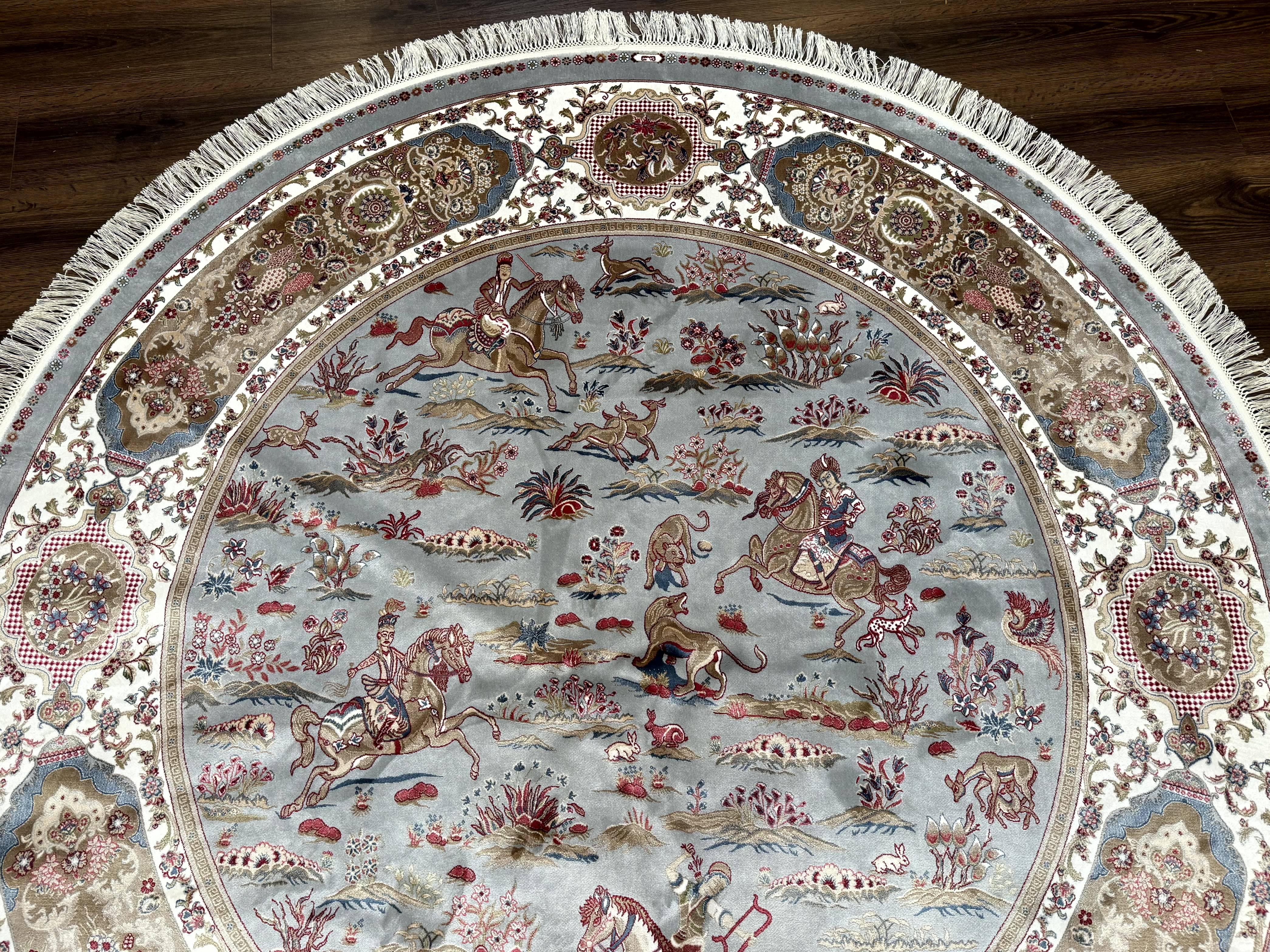 Round Silk Rug 6x6, Hunting Design, Bamboo Silk, Animal Pictorials - Image 3