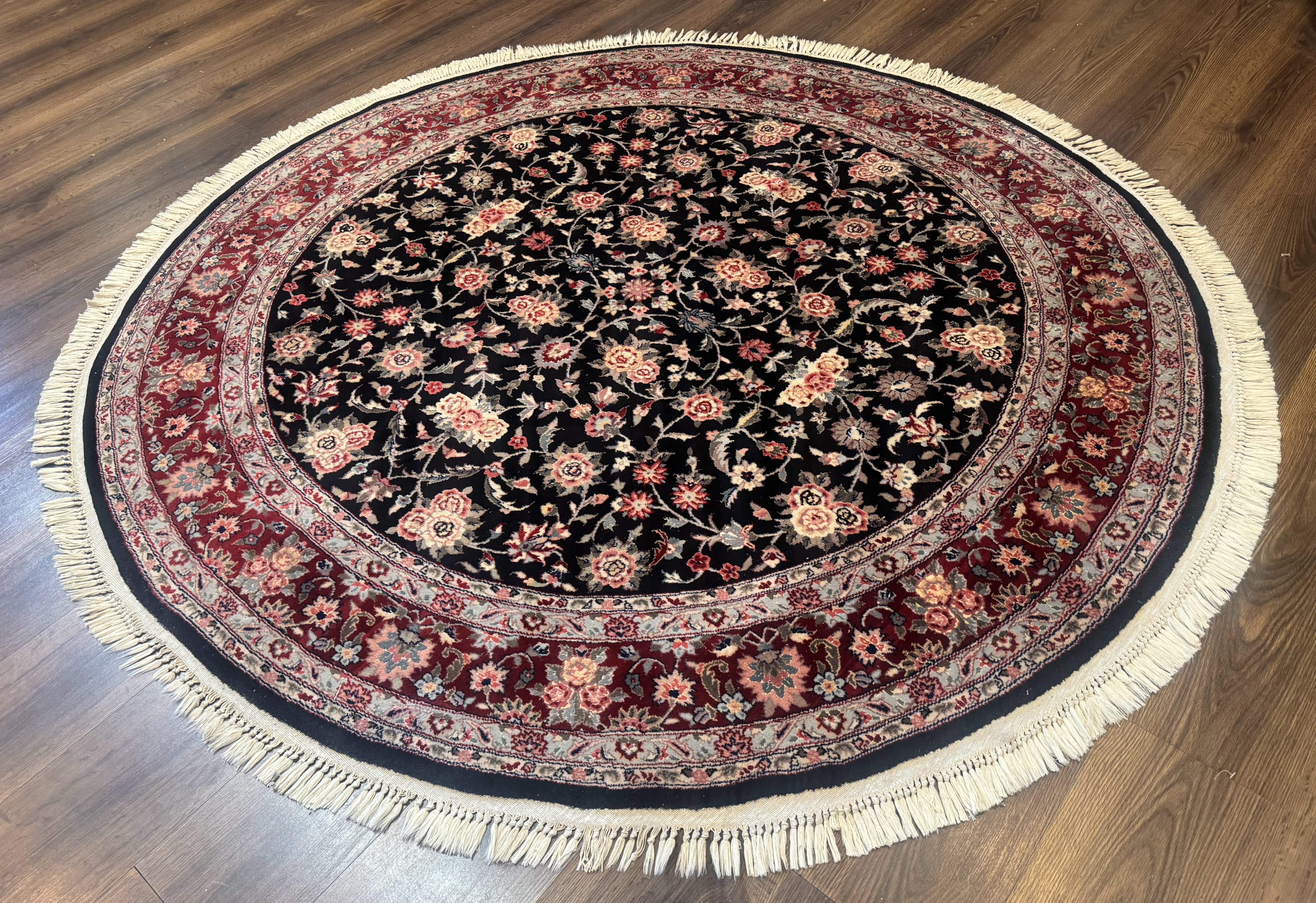 Round Sino Persian Rug 6x6, Floral, Navy Blue and Red, Wool and Silk Highlights - Image 12