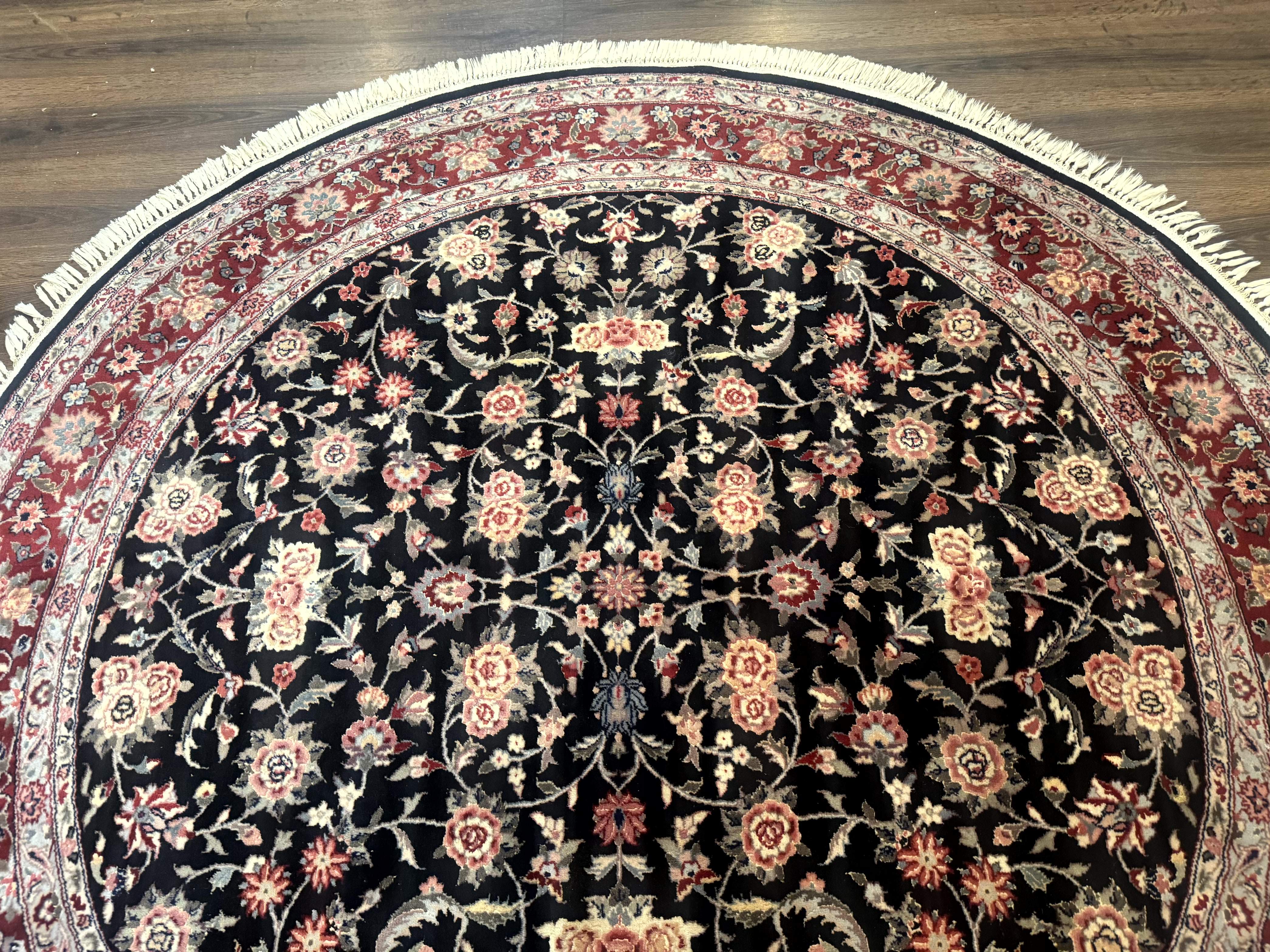 Round Sino Persian Rug 6x6, Floral, Navy Blue and Red, Wool and Silk Highlights - Image 8