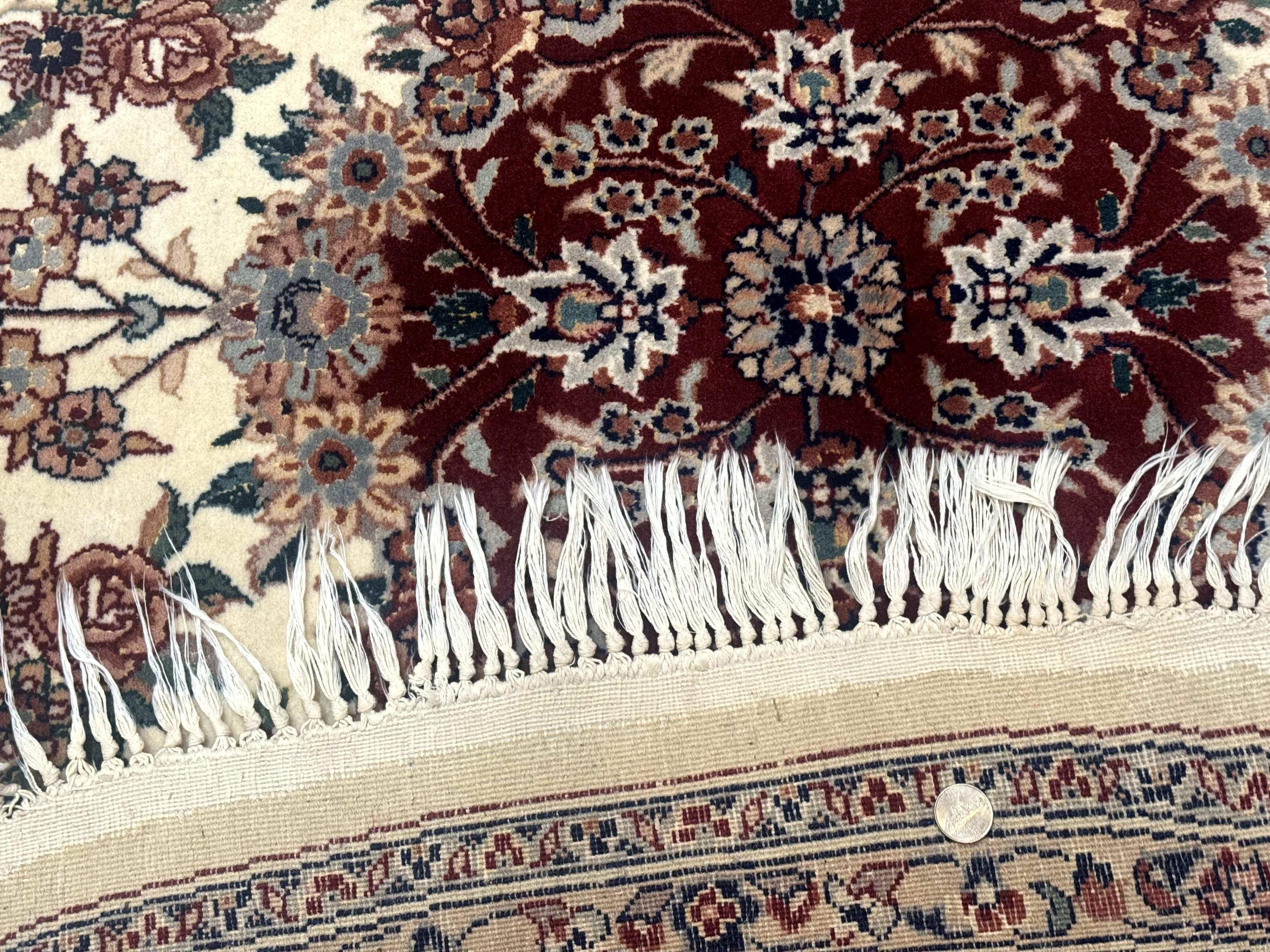Round Sino Persian Rug 8x8, Wool and Silk, Floral Medallion, Ivory Dark Red - Image 10