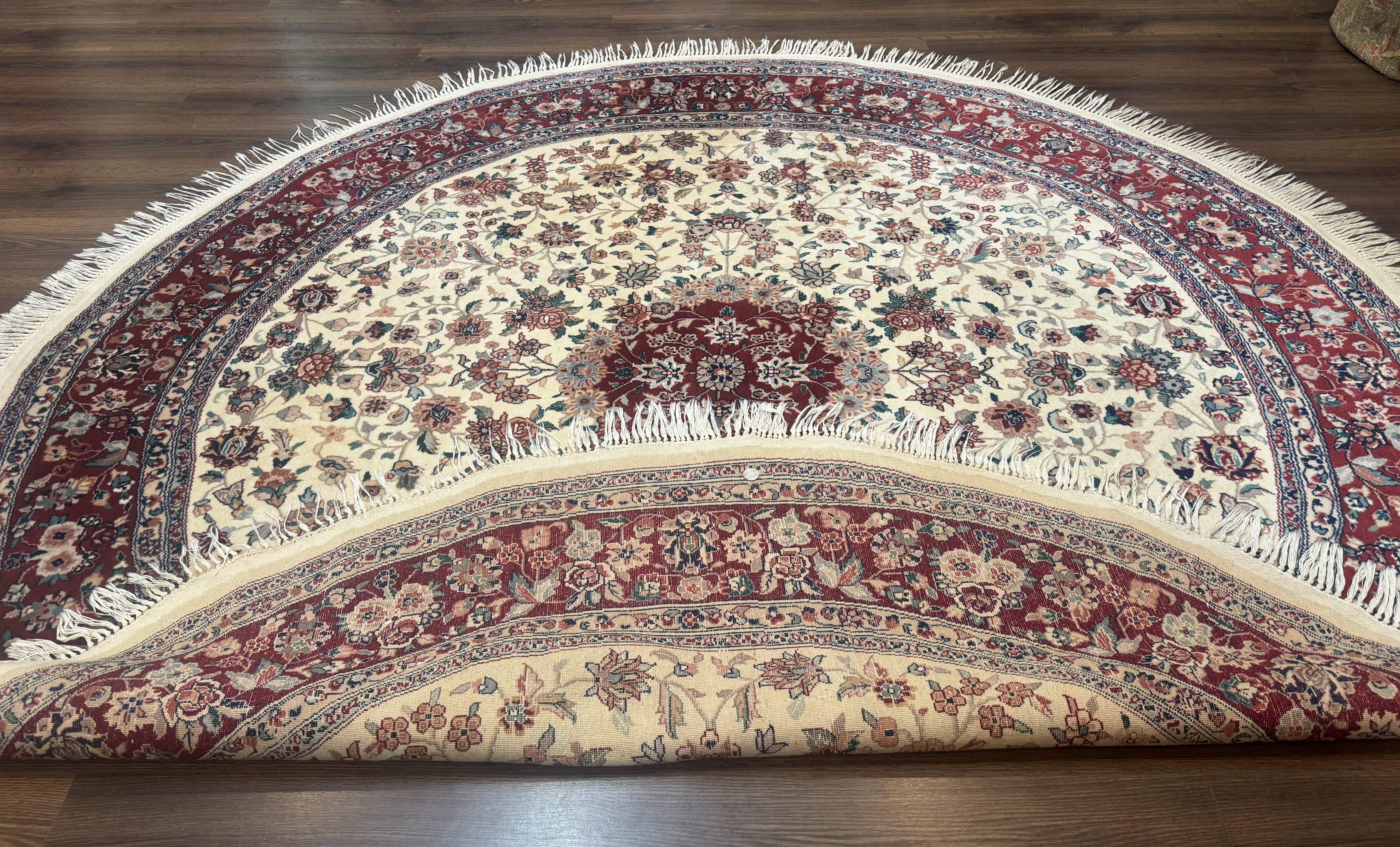 Round Sino Persian Rug 8x8, Wool and Silk, Floral Medallion, Ivory Dark Red - Image 11