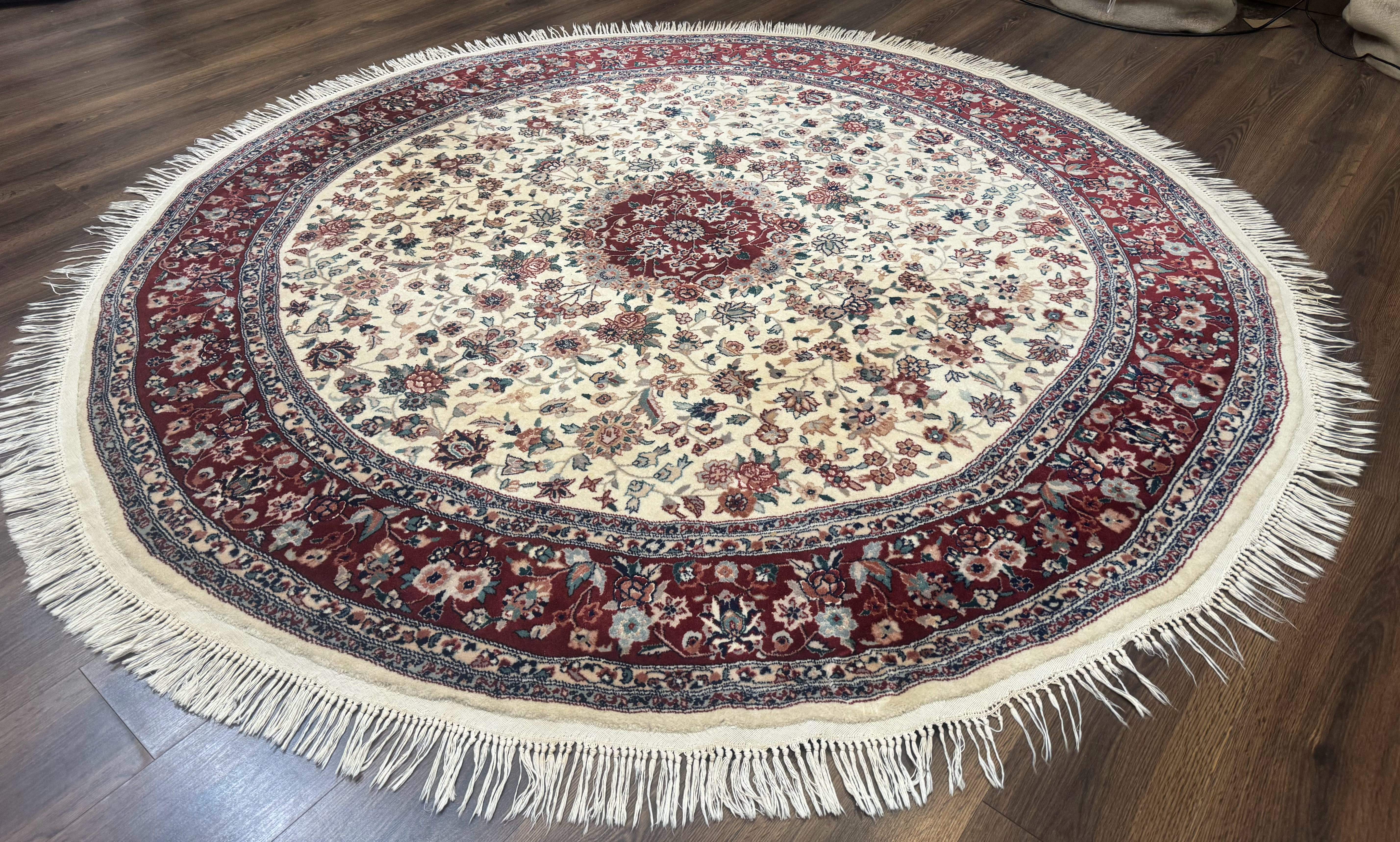 Round Sino Persian Rug 8x8, Wool and Silk, Floral Medallion, Ivory Dark Red - Image 2