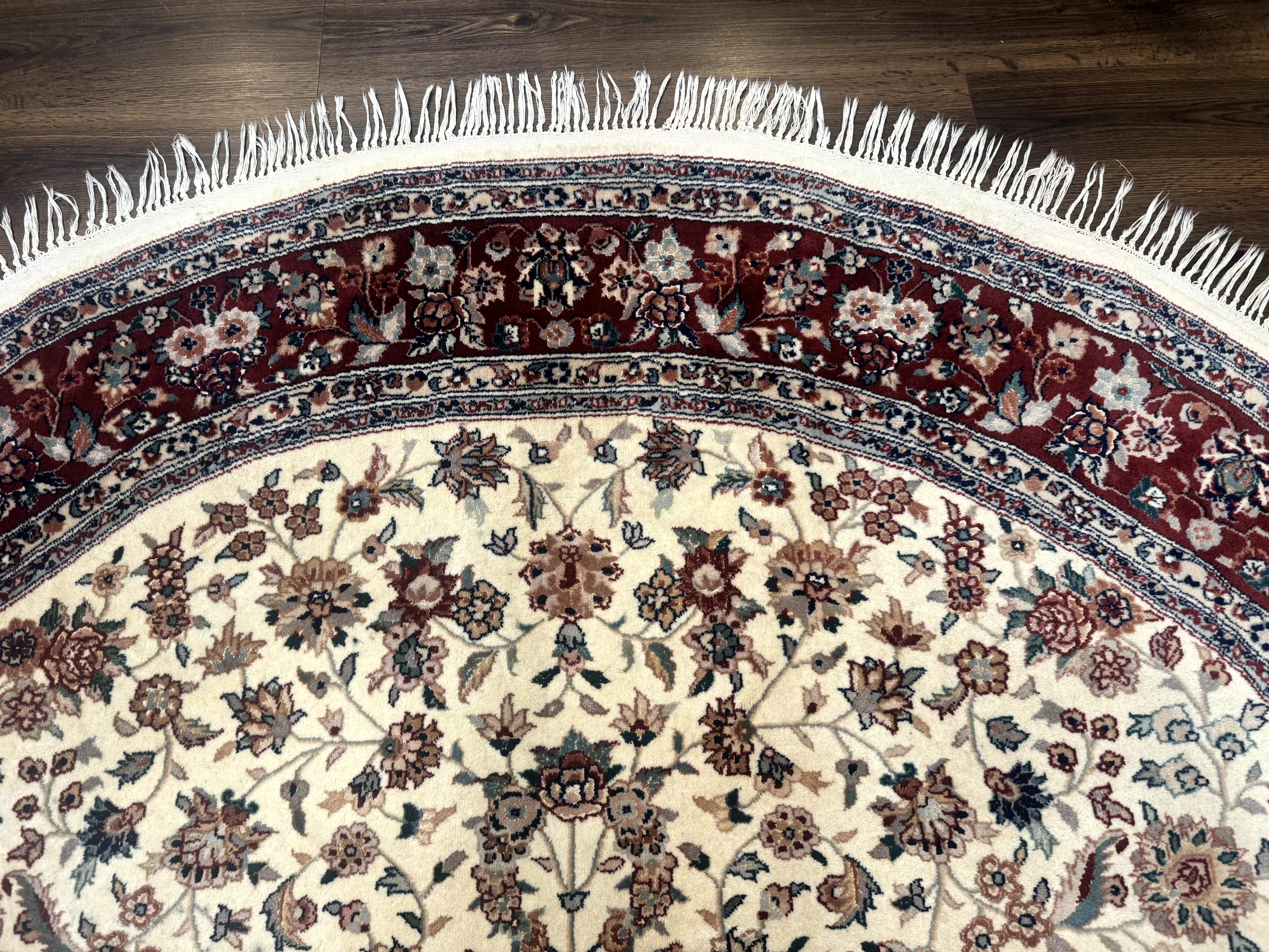 Round Sino Persian Rug 8x8, Wool and Silk, Floral Medallion, Ivory Dark Red - Image 3