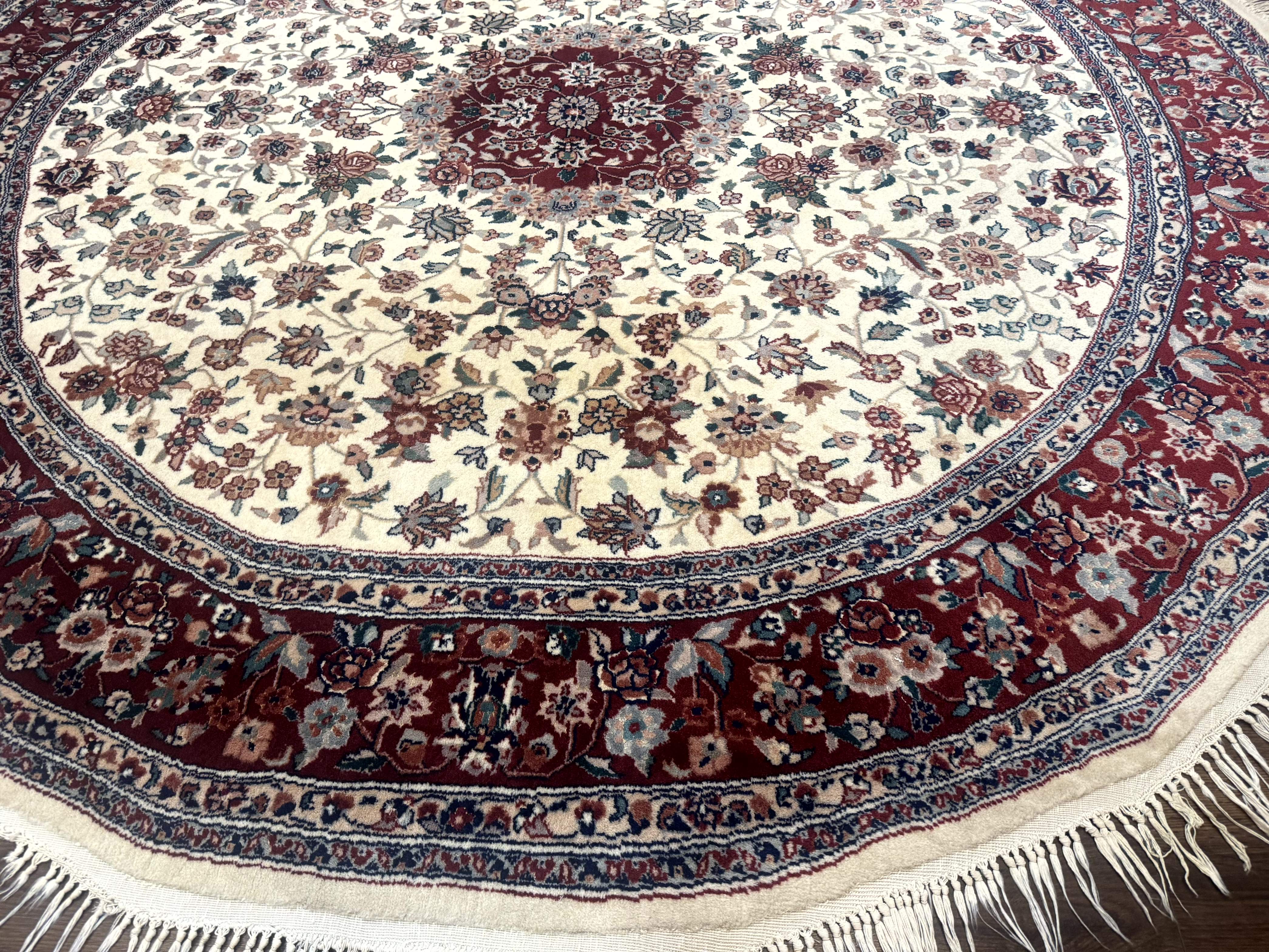 Round Sino Persian Rug 8x8, Wool and Silk, Floral Medallion, Ivory Dark Red - Image 5