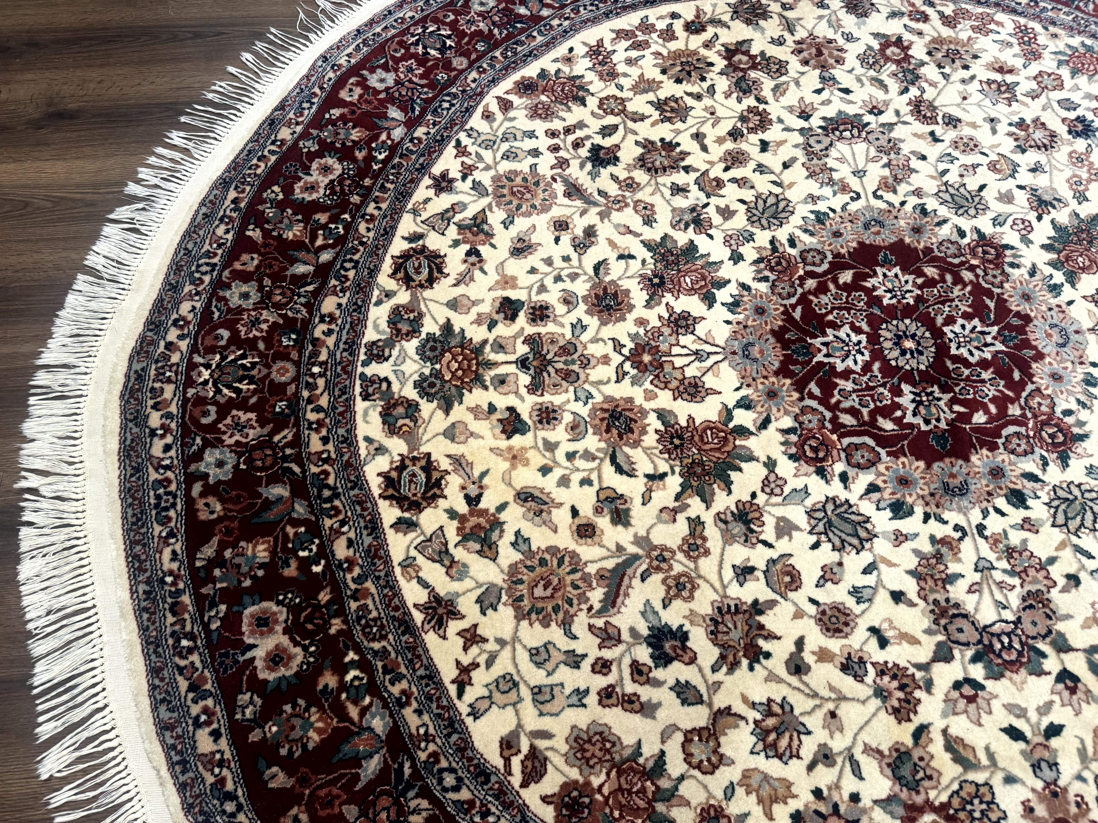 Round Sino Persian Rug 8x8, Wool and Silk, Floral Medallion, Ivory Dark Red - Image 6