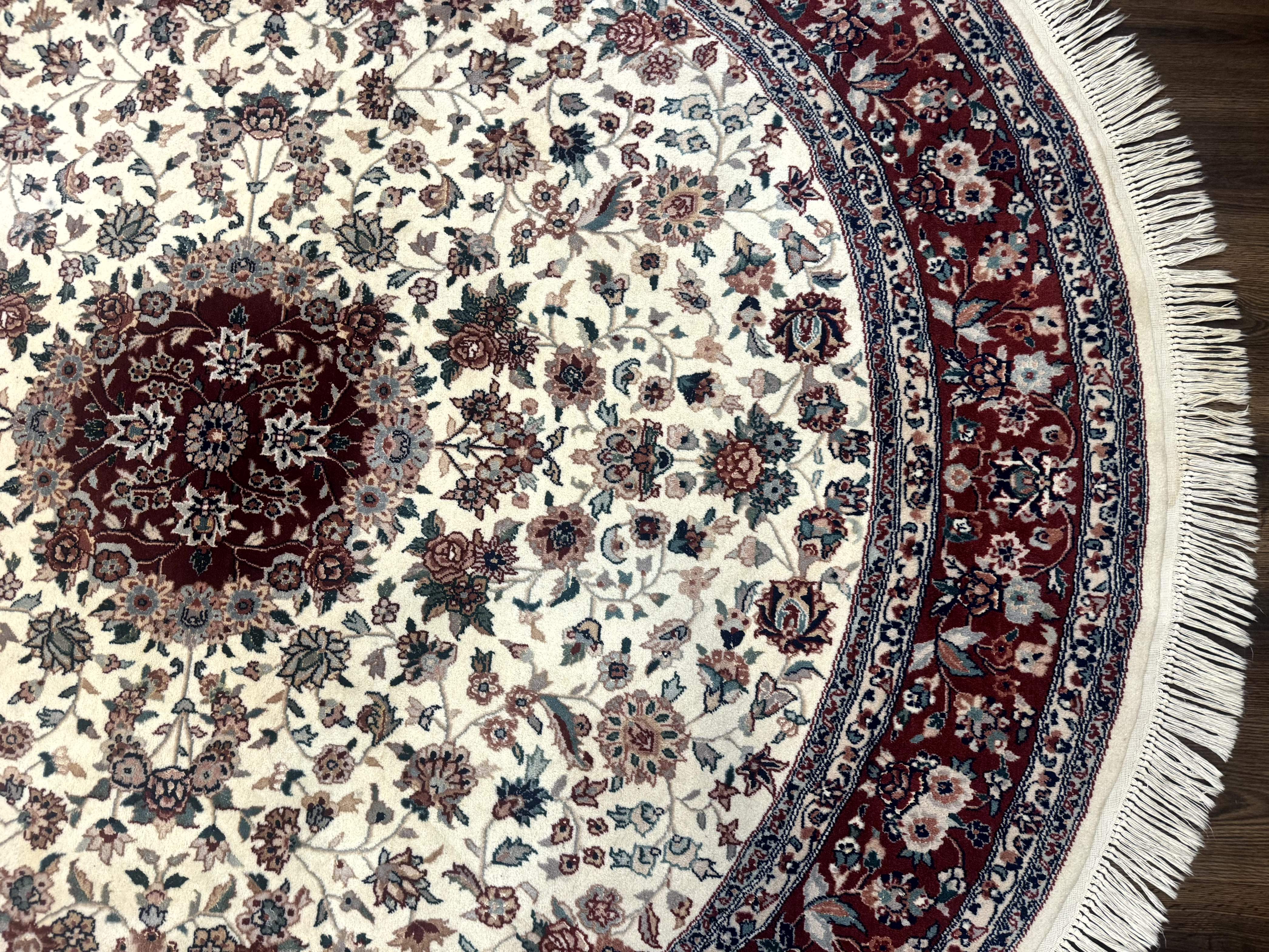 Round Sino Persian Rug 8x8, Wool and Silk, Floral Medallion, Ivory Dark Red - Image 7