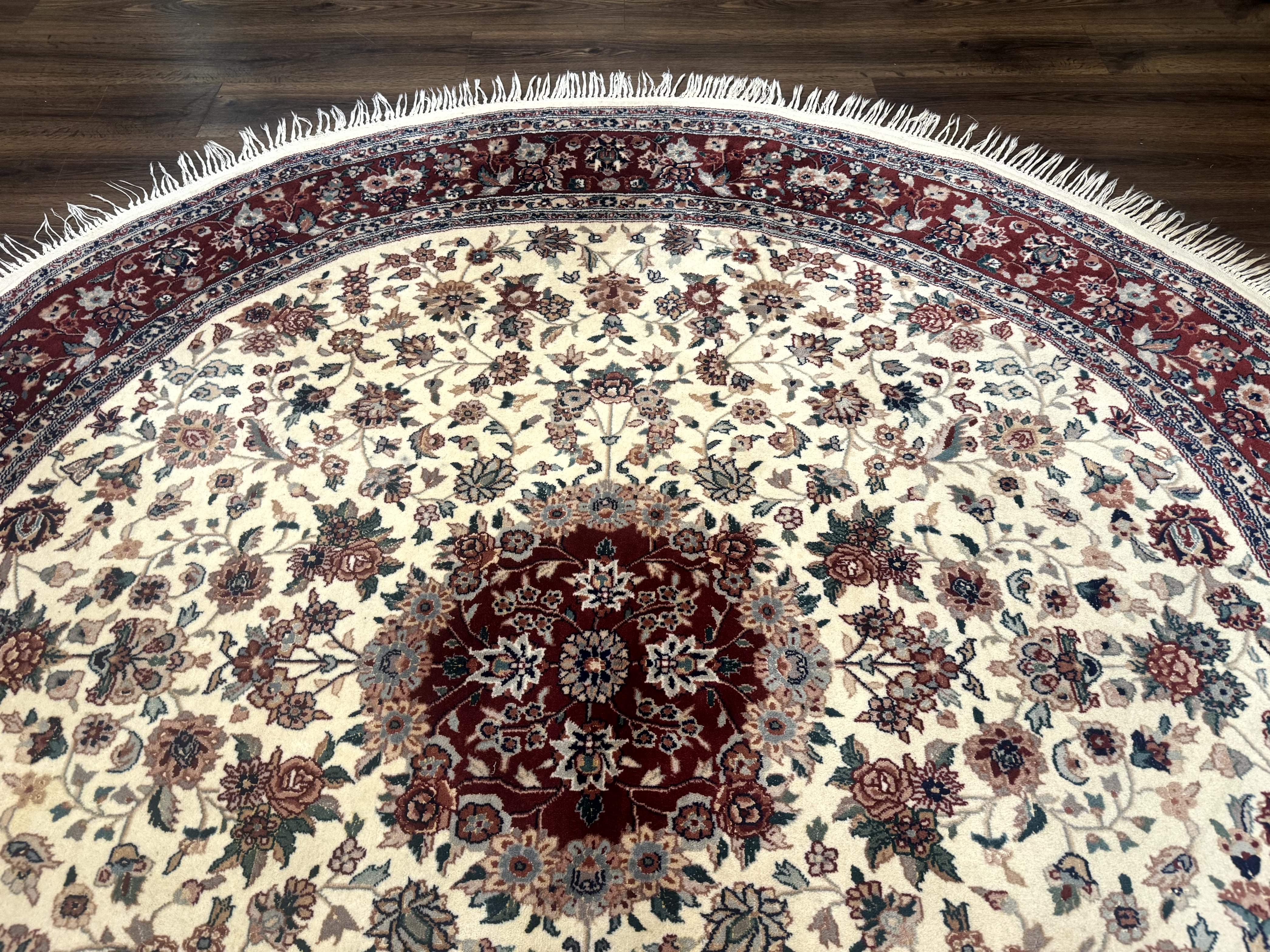 Round Sino Persian Rug 8x8, Wool and Silk, Floral Medallion, Ivory Dark Red - Image 8