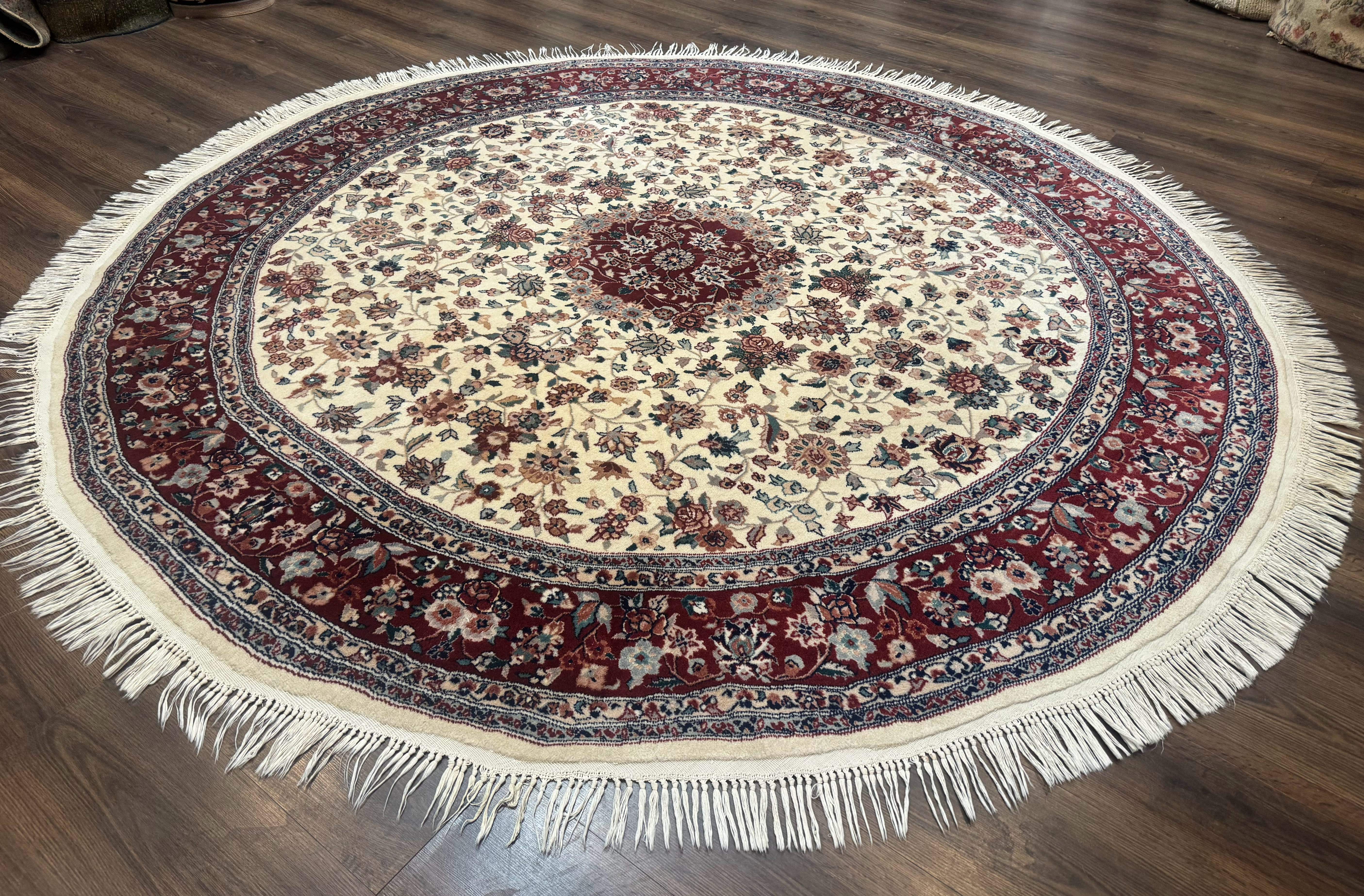 Round Sino Persian Rug 8x8, Wool and Silk, Floral Medallion, Ivory Dark Red - Image 9