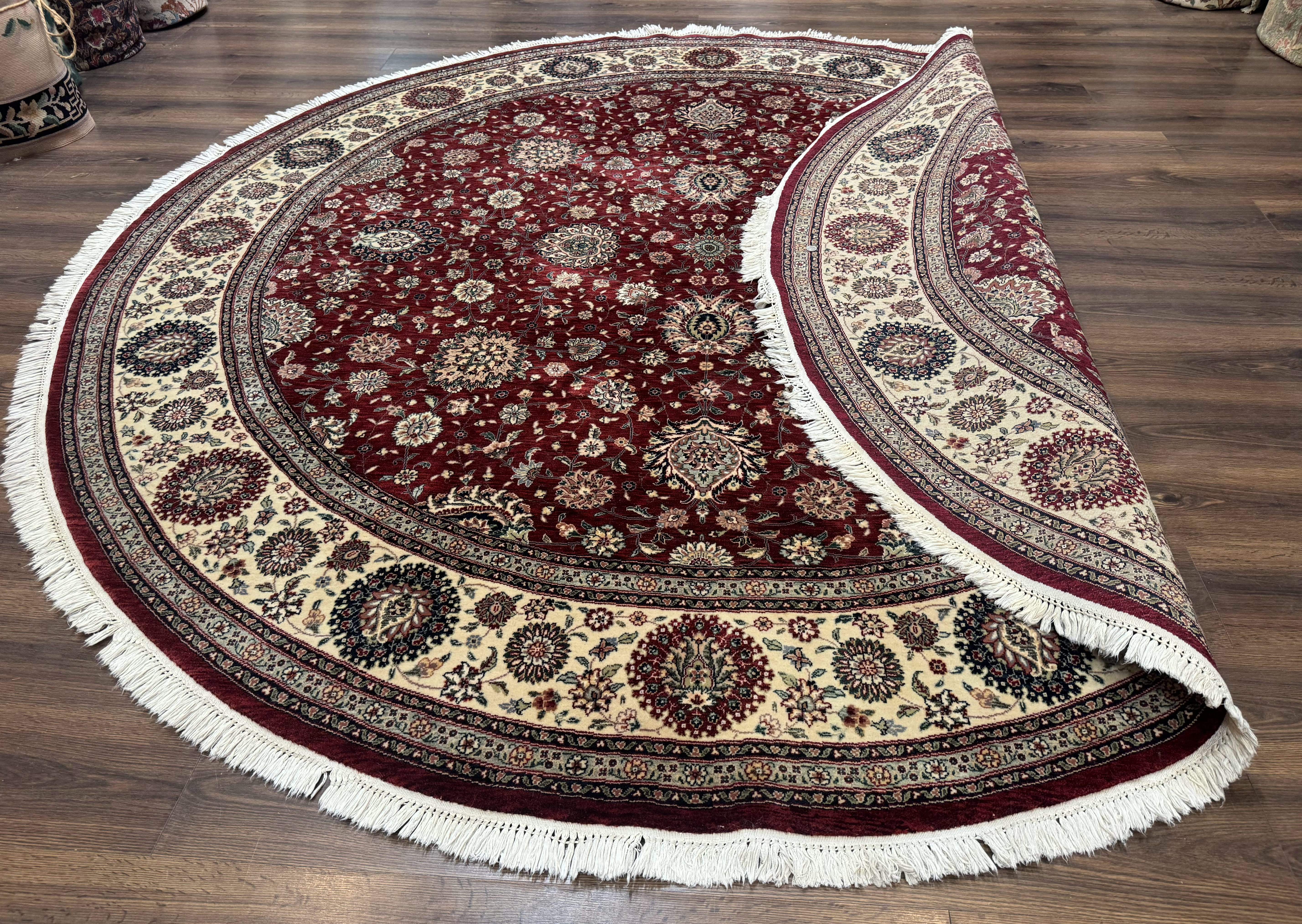 Round Sino Persian Rug 9x9, Burgundy and Cream, Floral, Wool and Silk, 9ft Round Carpet - Image 11