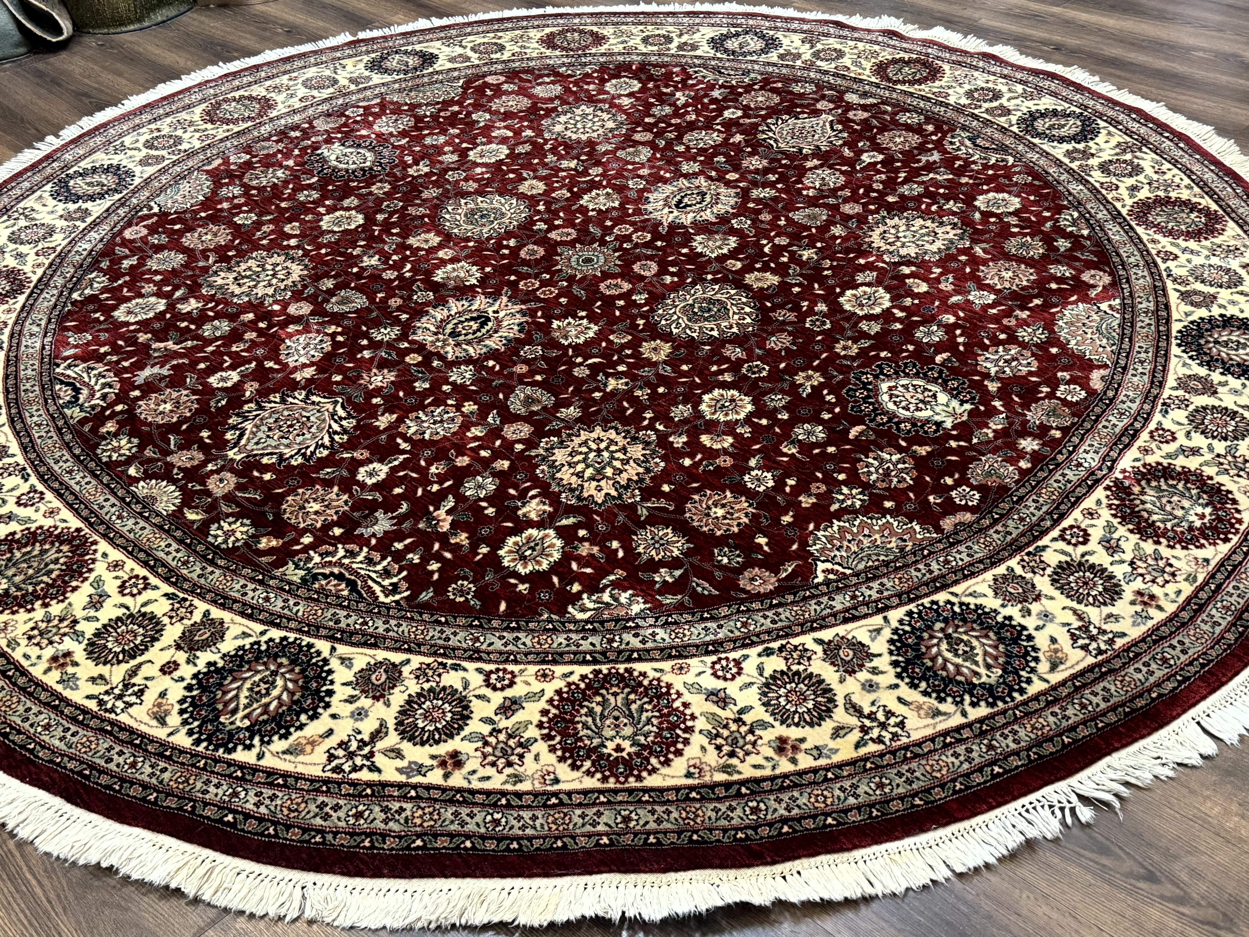 Round Sino Persian Rug 9x9, Burgundy and Cream, Floral, Wool and Silk, 9ft Round Carpet - Image 2