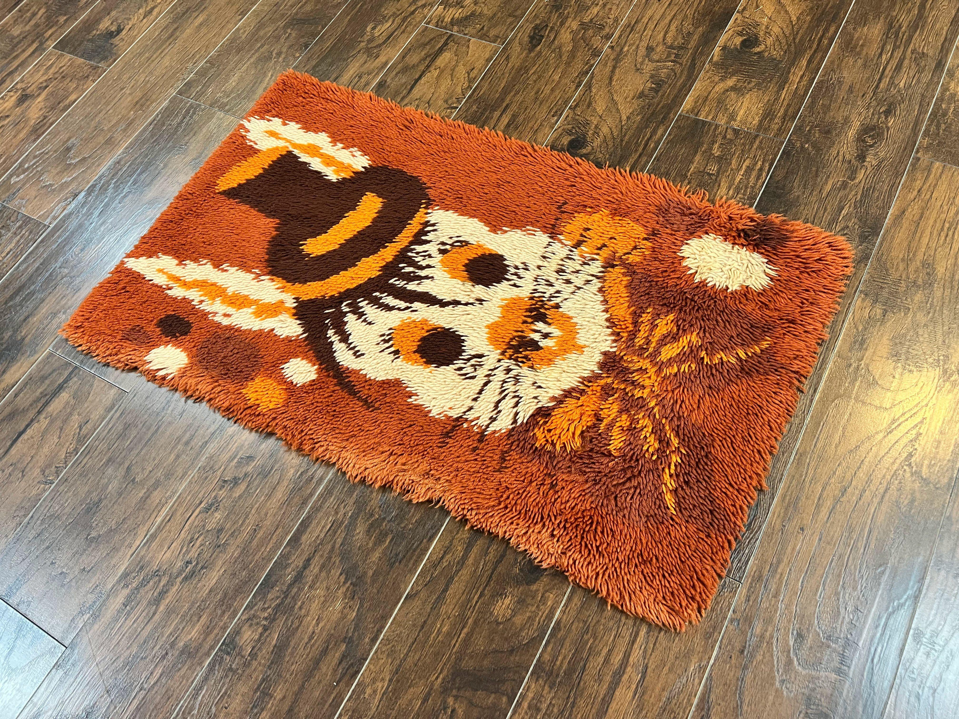 Rya Shag Rug 2x4, Rabbit in Top Hat, Wool, Orange, Vintage 1960s Danish Shag Rug - Image 12