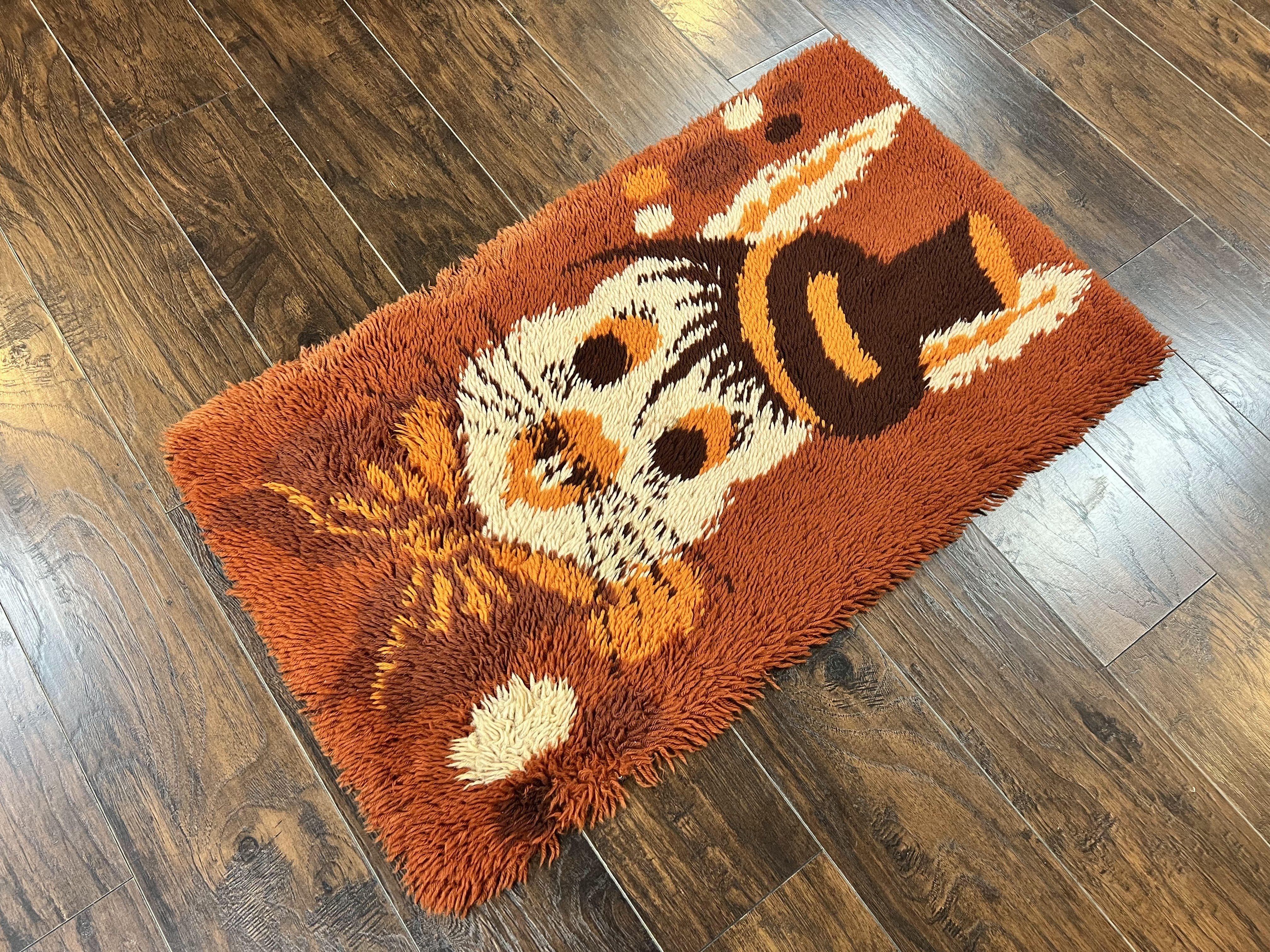 Rya Shag Rug 2x4, Rabbit in Top Hat, Wool, Orange, Vintage 1960s Danish Shag Rug - Image 2