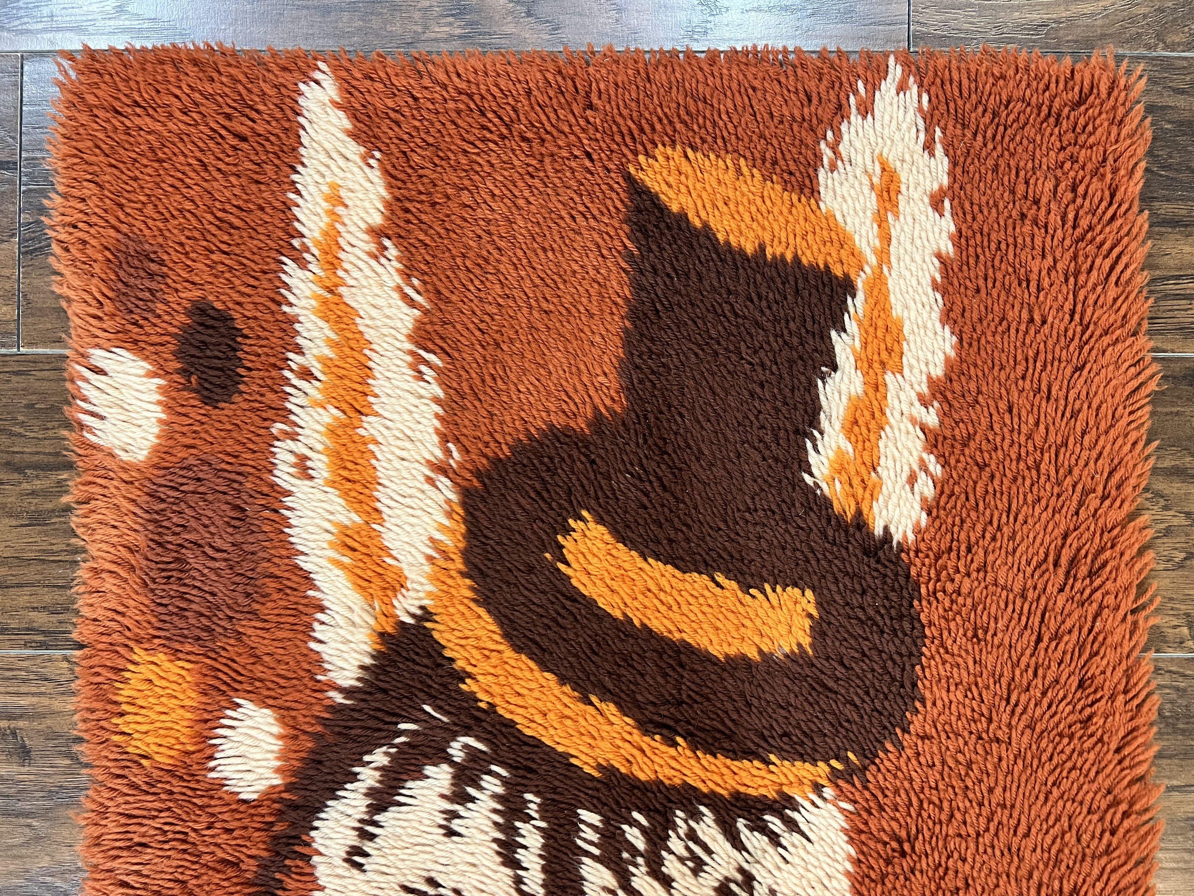 Rya Shag Rug 2x4, Rabbit in Top Hat, Wool, Orange, Vintage 1960s Danish Shag Rug - Image 3