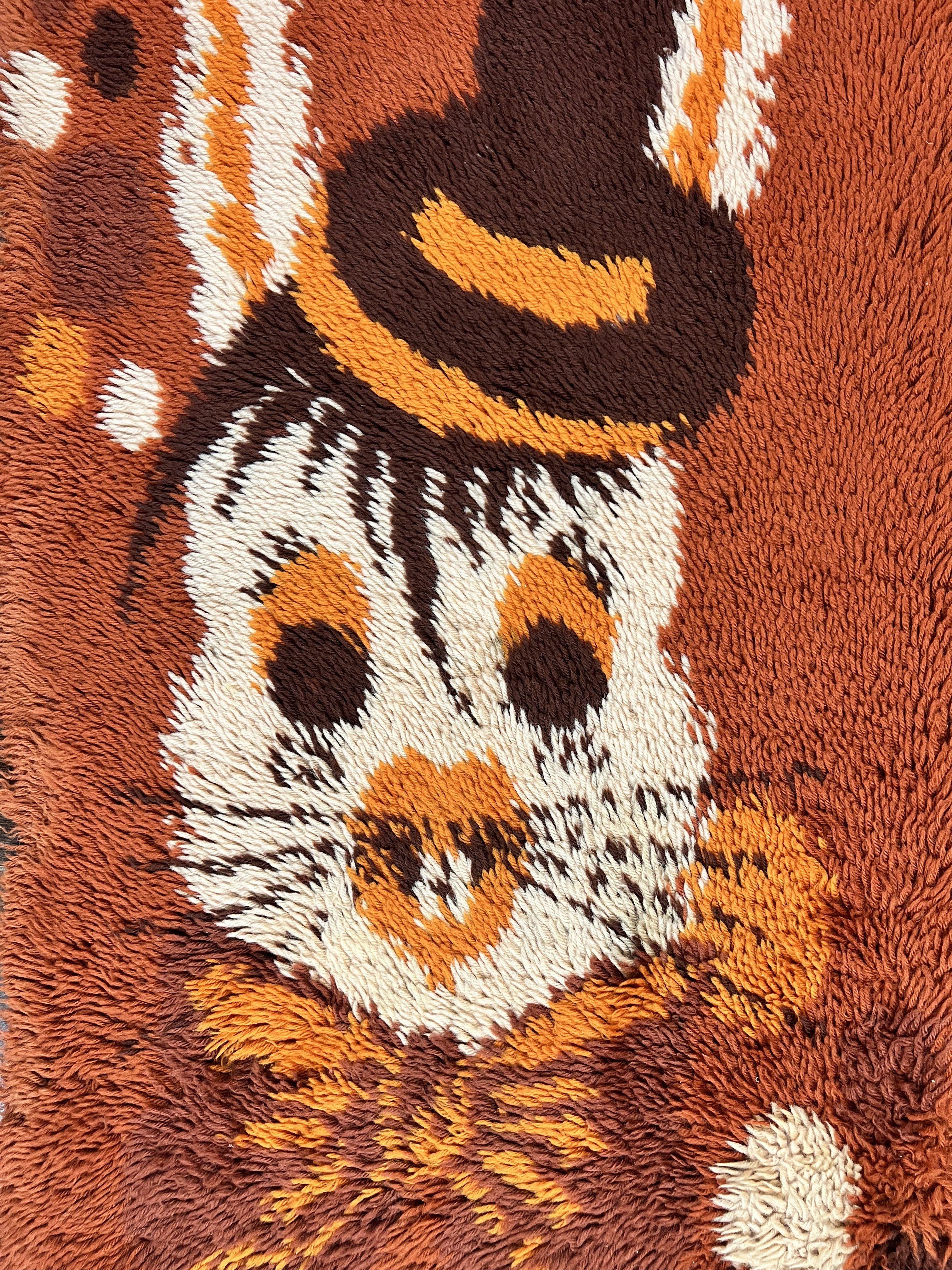 Rya Shag Rug 2x4, Rabbit in Top Hat, Wool, Orange, Vintage 1960s Danish Shag Rug - Image 4
