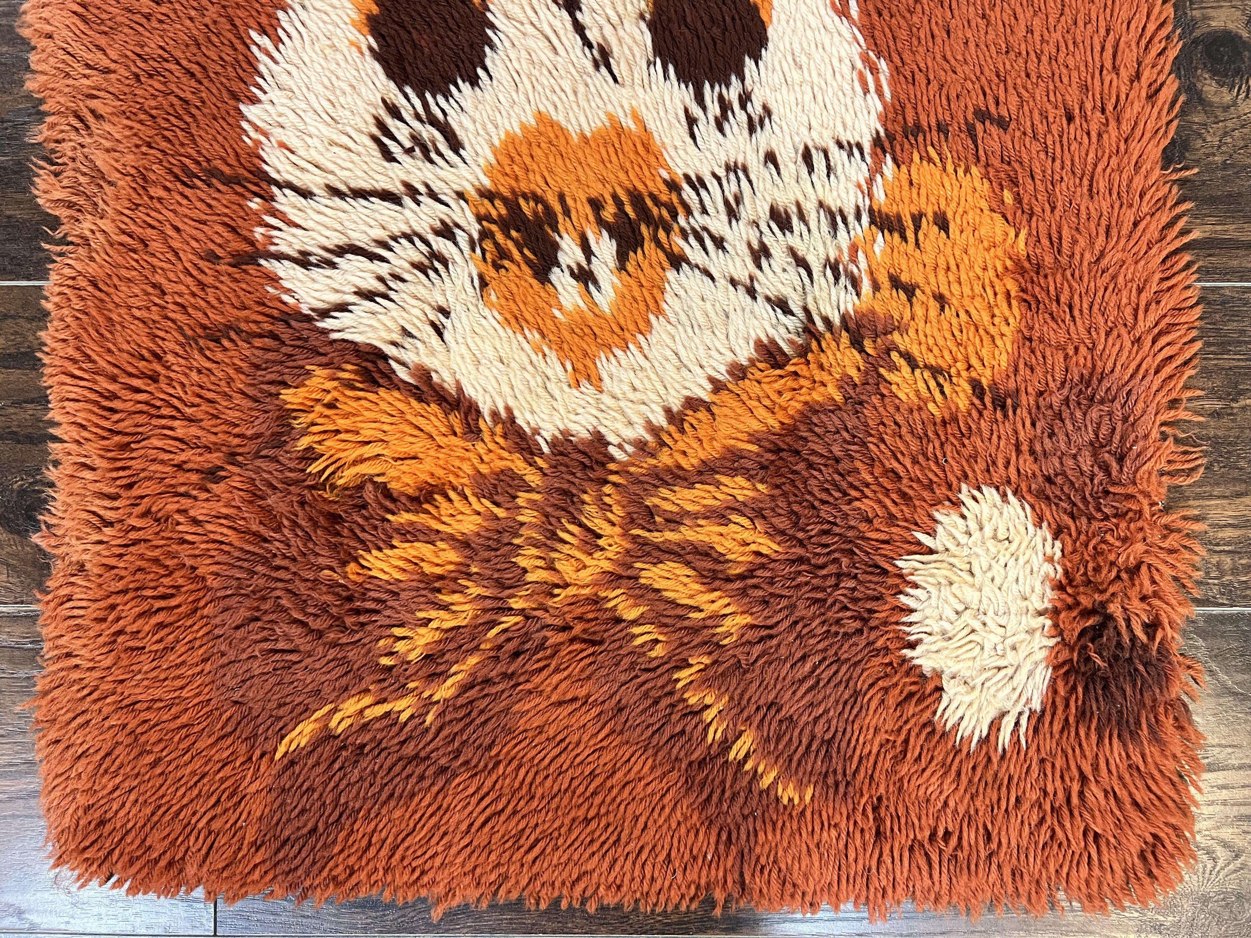 Rya Shag Rug 2x4, Rabbit in Top Hat, Wool, Orange, Vintage 1960s Danish Shag Rug - Image 5