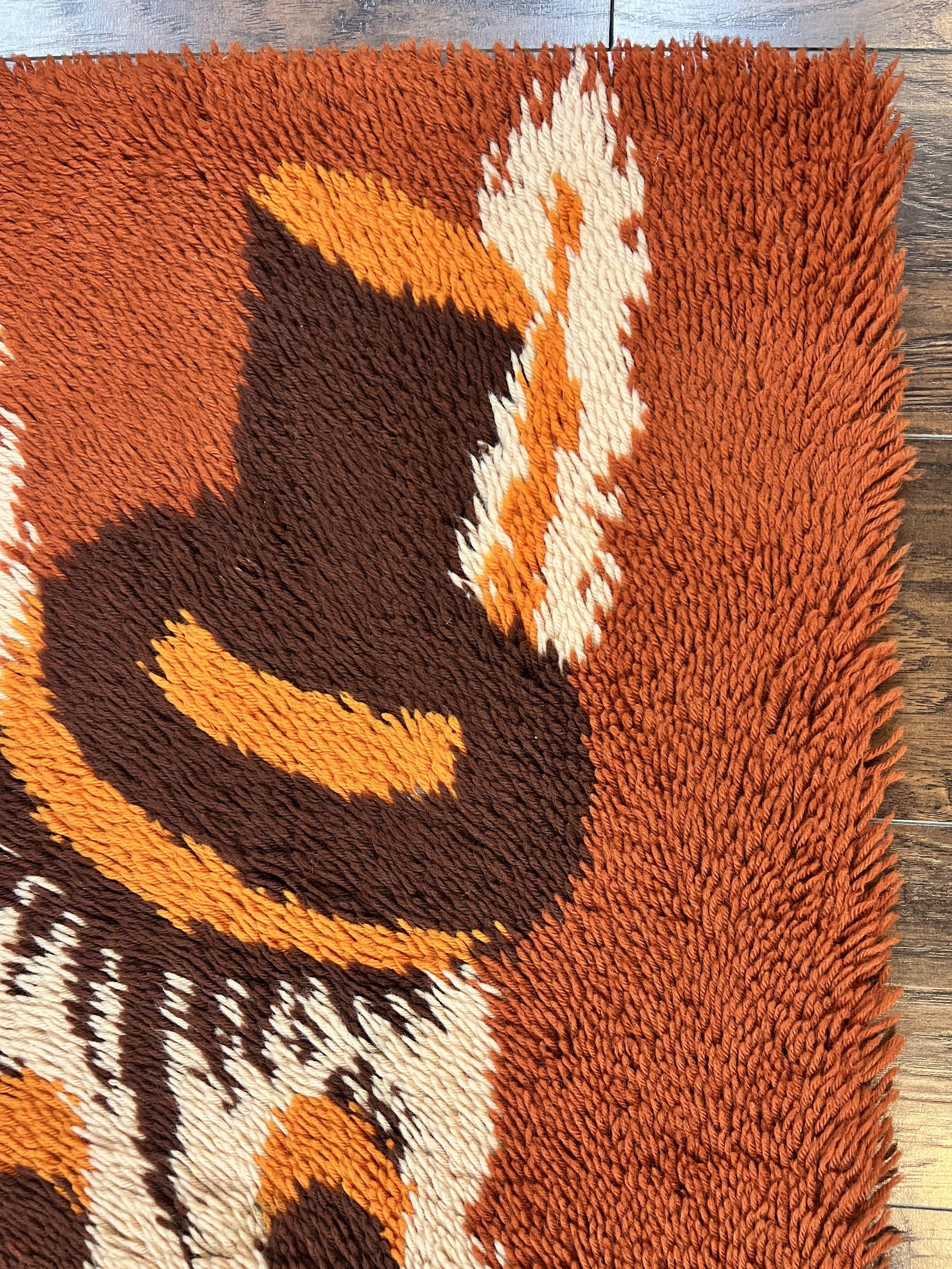 Rya Shag Rug 2x4, Rabbit in Top Hat, Wool, Orange, Vintage 1960s Danish Shag Rug - Image 7