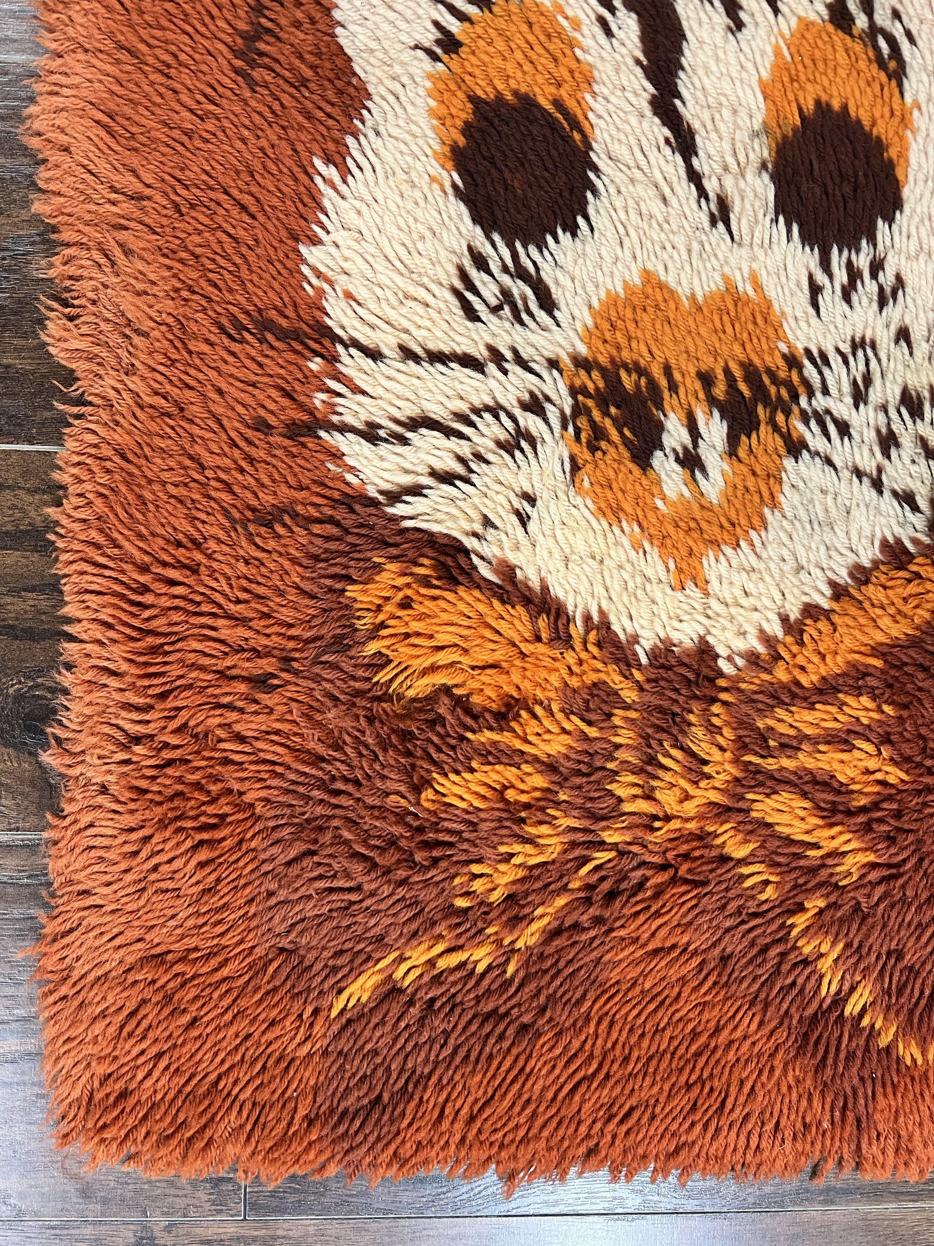 Rya Shag Rug 2x4, Rabbit in Top Hat, Wool, Orange, Vintage 1960s Danish Shag Rug - Image 8