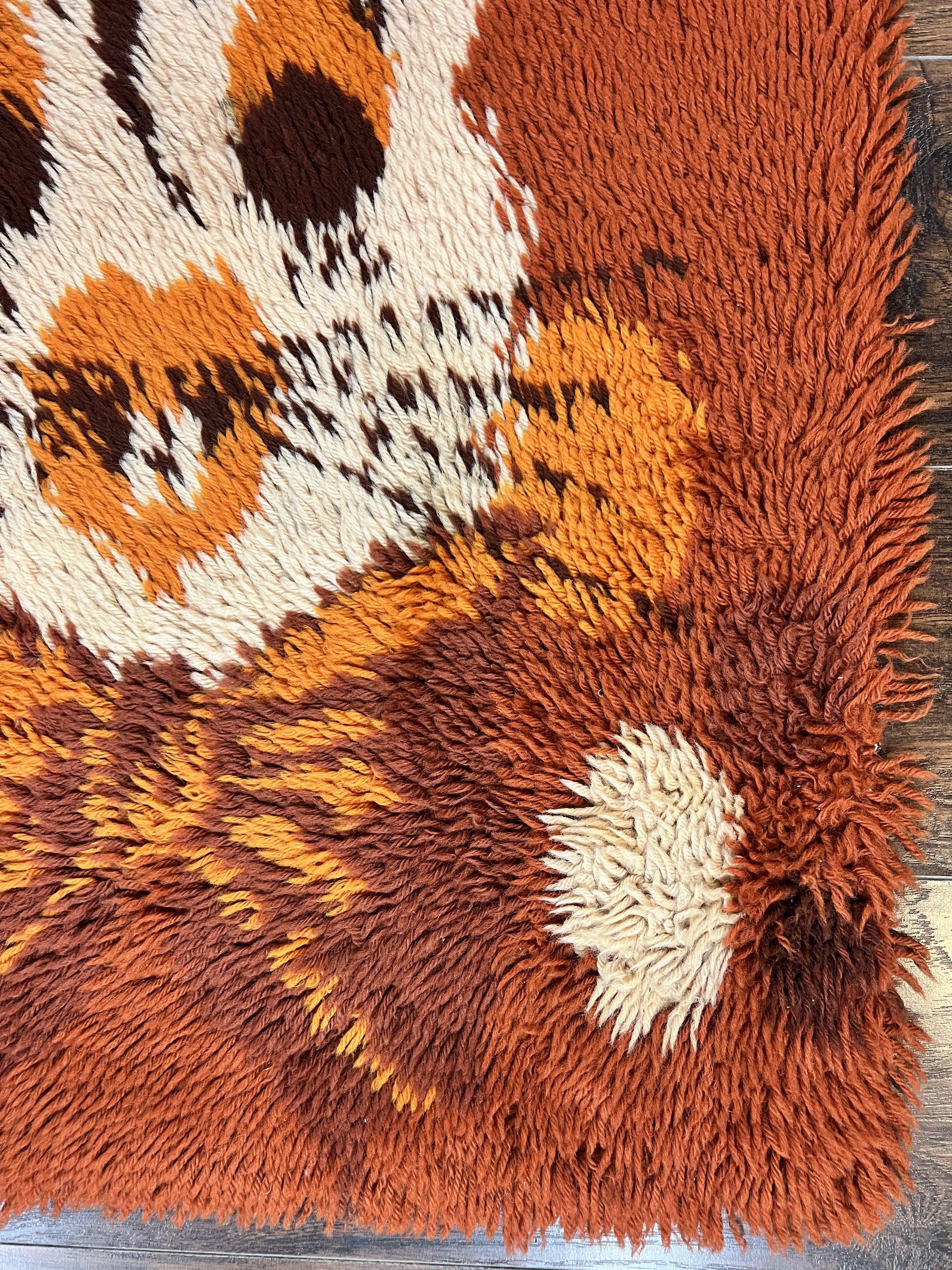 Rya Shag Rug 2x4, Rabbit in Top Hat, Wool, Orange, Vintage 1960s Danish Shag Rug - Image 9