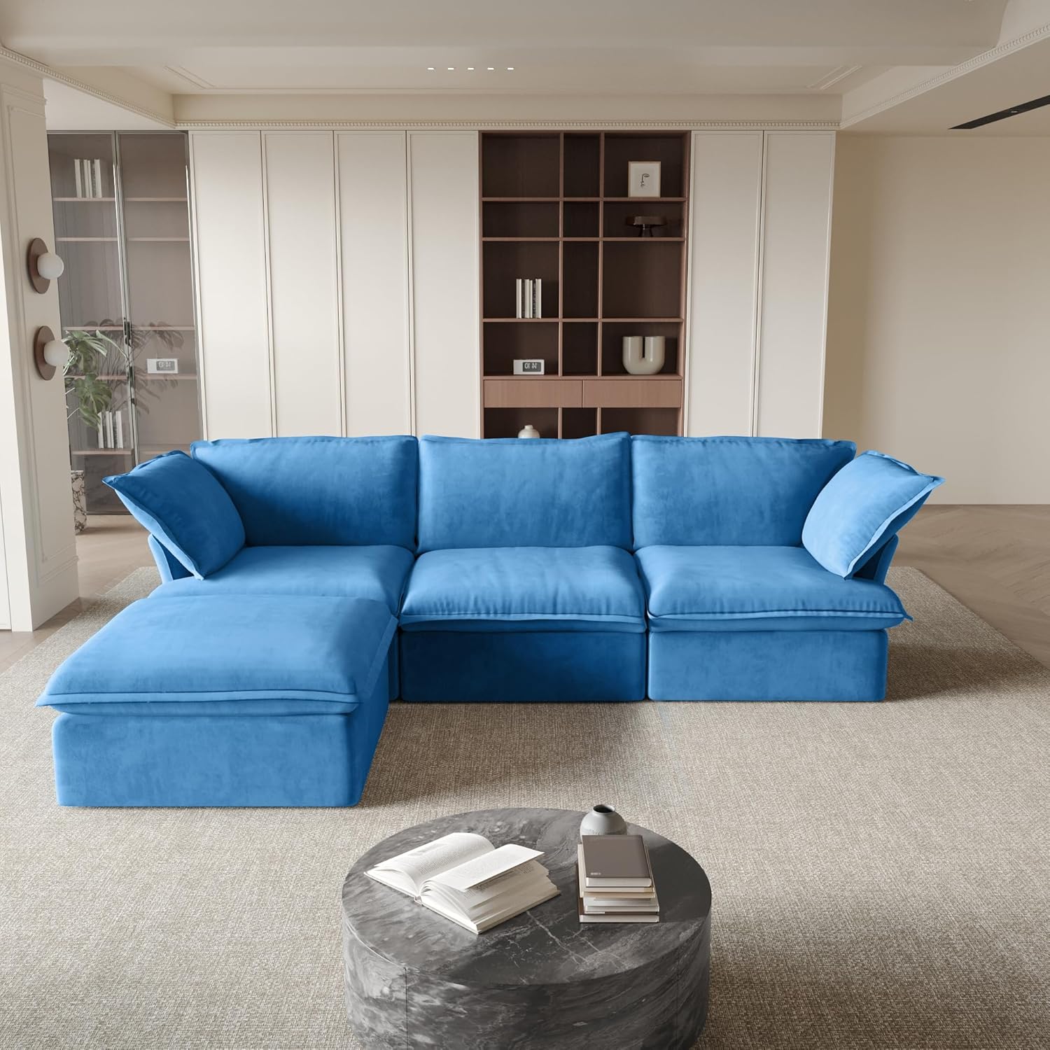 Sabi Modular Boucle Cloud Sofa - Blue - 3-Seater Sectional Sofa with Ottoman - Image 3