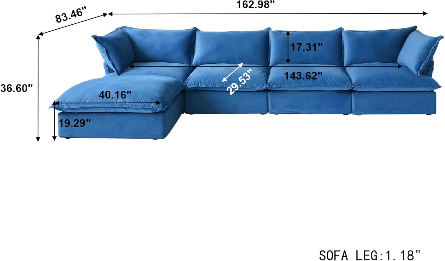 Sabi Modular Boucle Cloud Sofa - Blue - 4-Seater Sectional Sofa with Ottoman - Image 3