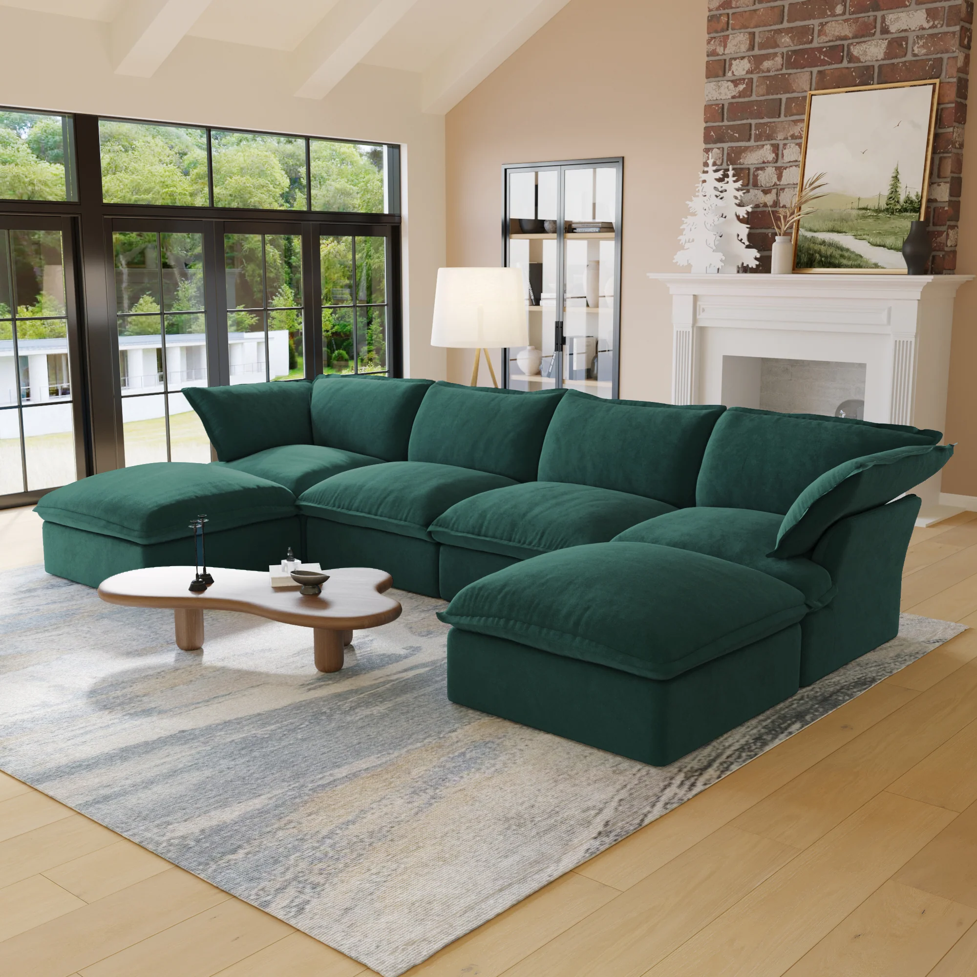 Sabi Modular Boucle Cloud Sofa - Green - 4-Seater Sectional Sofa with 2 Ottomans - Image 2
