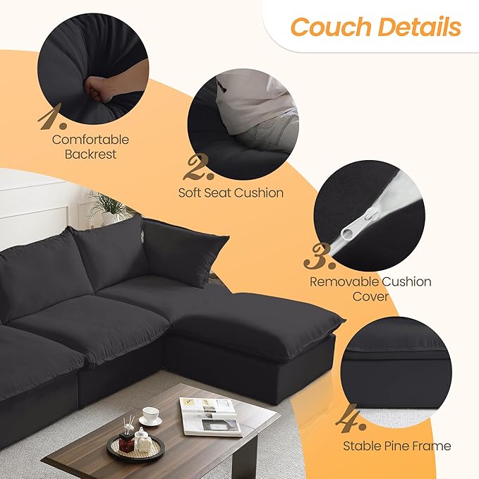 Sabi Modular Boucle Cloud Sofa - Obsidian Black - 4-Seater Sectional Sofa with Ottoman - Image 6