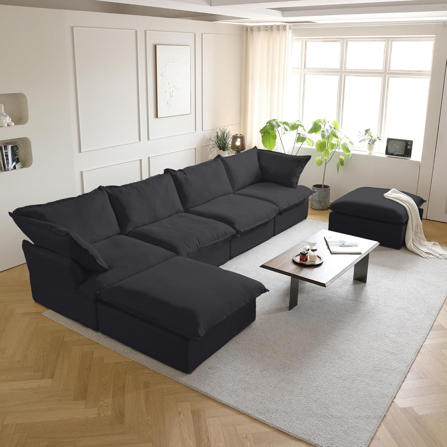 Sabi Modular Boucle Cloud Sofa - Obsidian Black - 4-Seater Sectional Sofa with Ottoman - Image 7