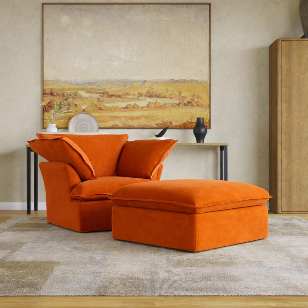 Sabi Modular Boucle Cloud Sofa- Orange - Single Seater Sofa with Ottoman
