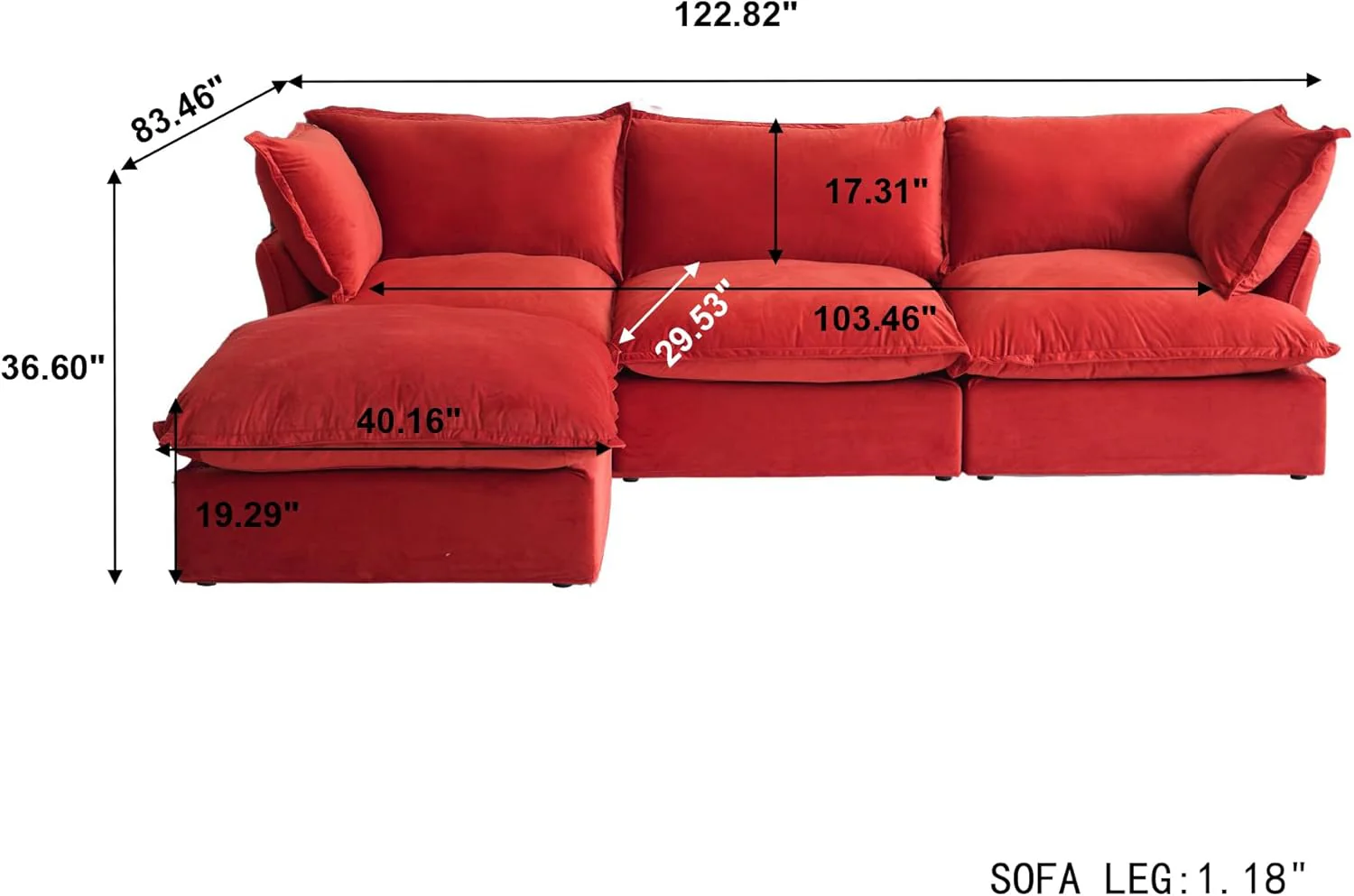 Sabi Modular Boucle Cloud Sofa - Red - 3-Seater Sectional Sofa with Ottoman - Image 3