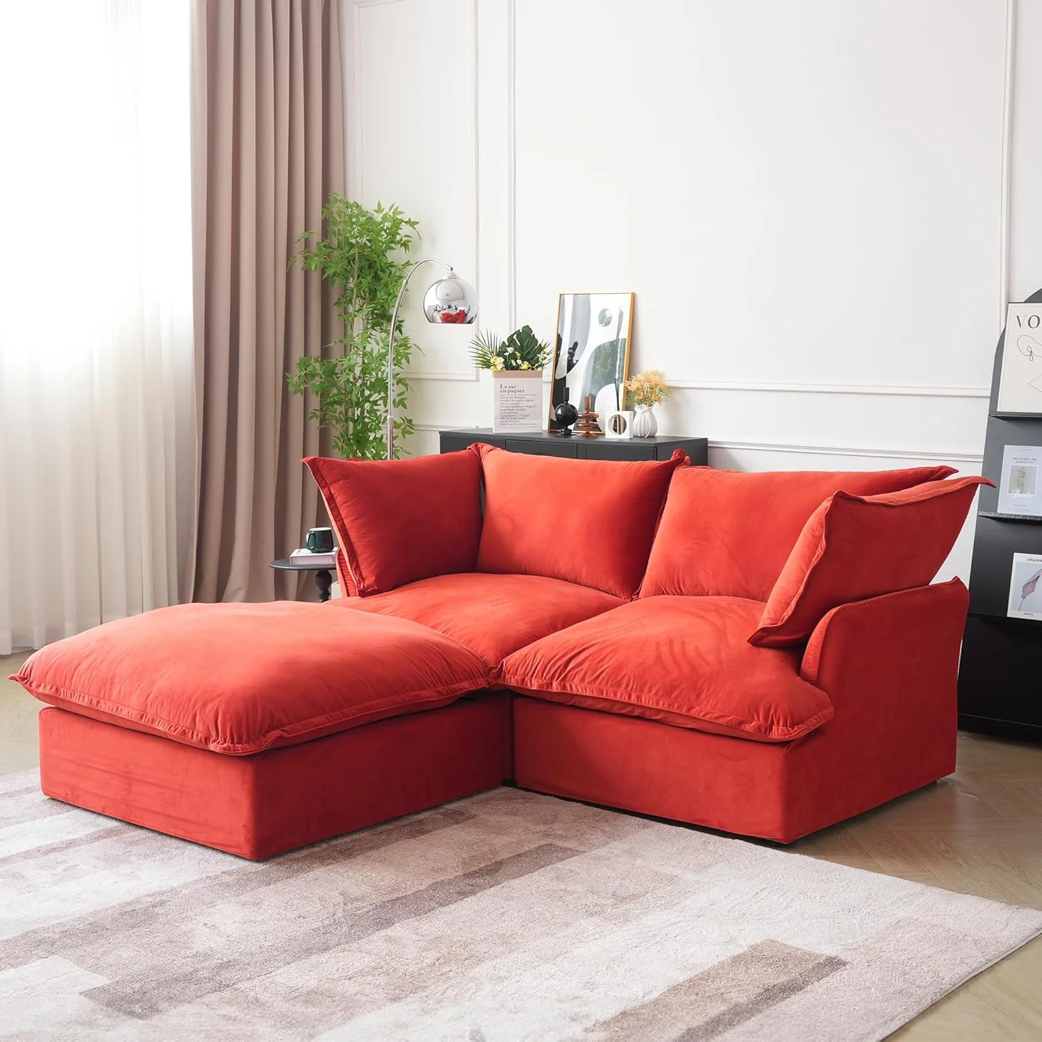Sabi Modular Boucle Cloud Sofa - Red - Single Seater Sofa with Ottoman - Image 2