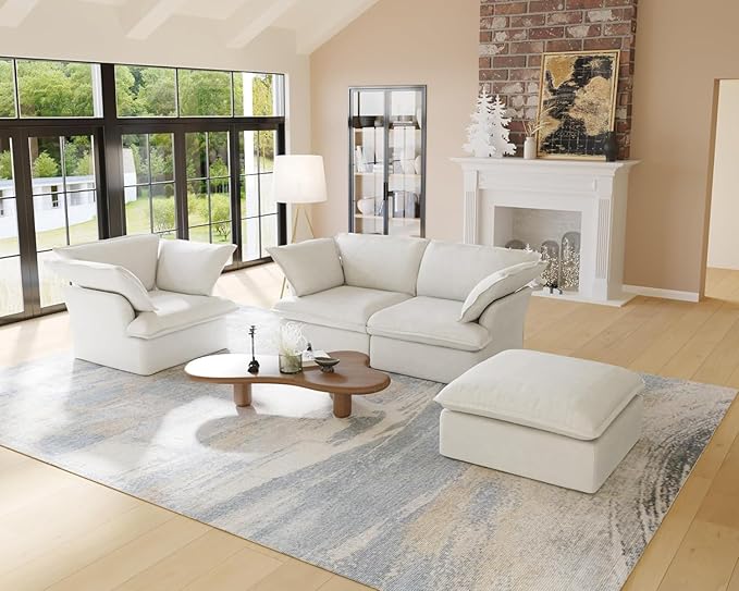 Sabi Modular Boucle Cloud Sofa - Snow White - 5-Seater Sectional Sofa with Ottoman - Image 5