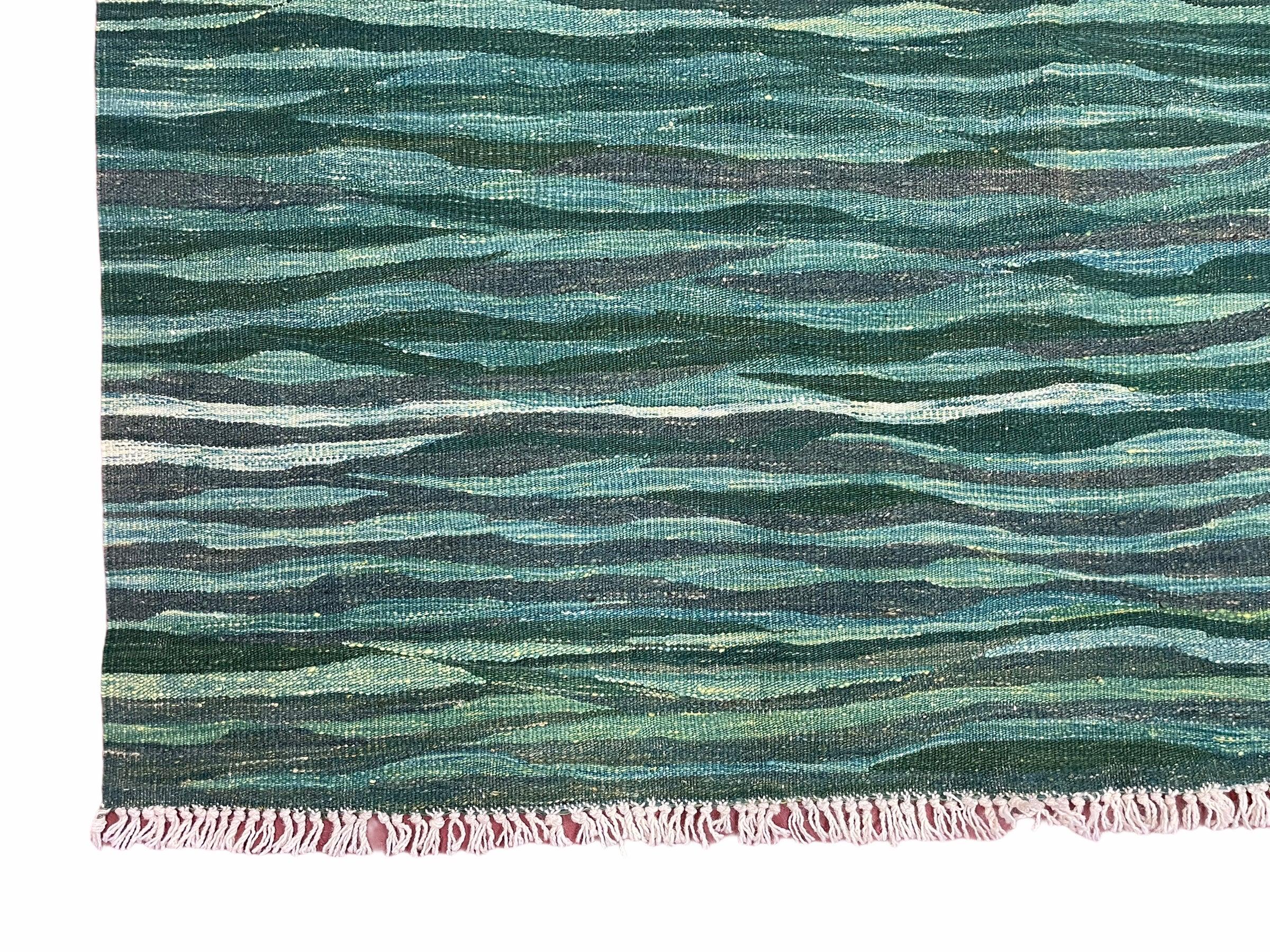 Sea Green Kilim Area Rug, White Blue Red Stripes, Russian Flag Rug, Flatweave Hand Knotted Carpet, Turkish Carpet, Wool, New, 5' 6" x 7' 10" - Image 9