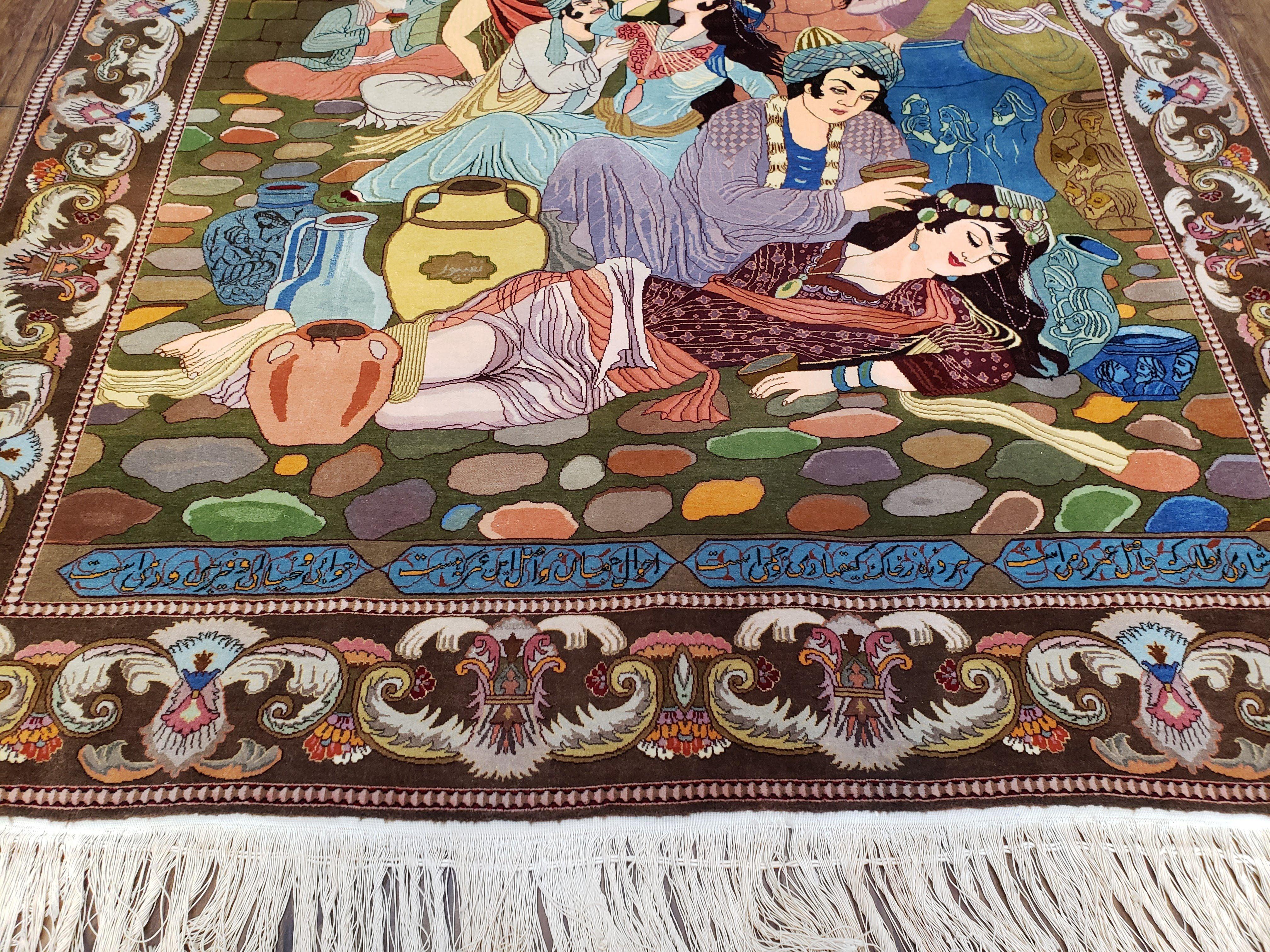 Semi Antique Persian Isfahan Pictoral Rug 4.10x6.1, Wool Handmade High Quality Decorative Carpet - Image 5