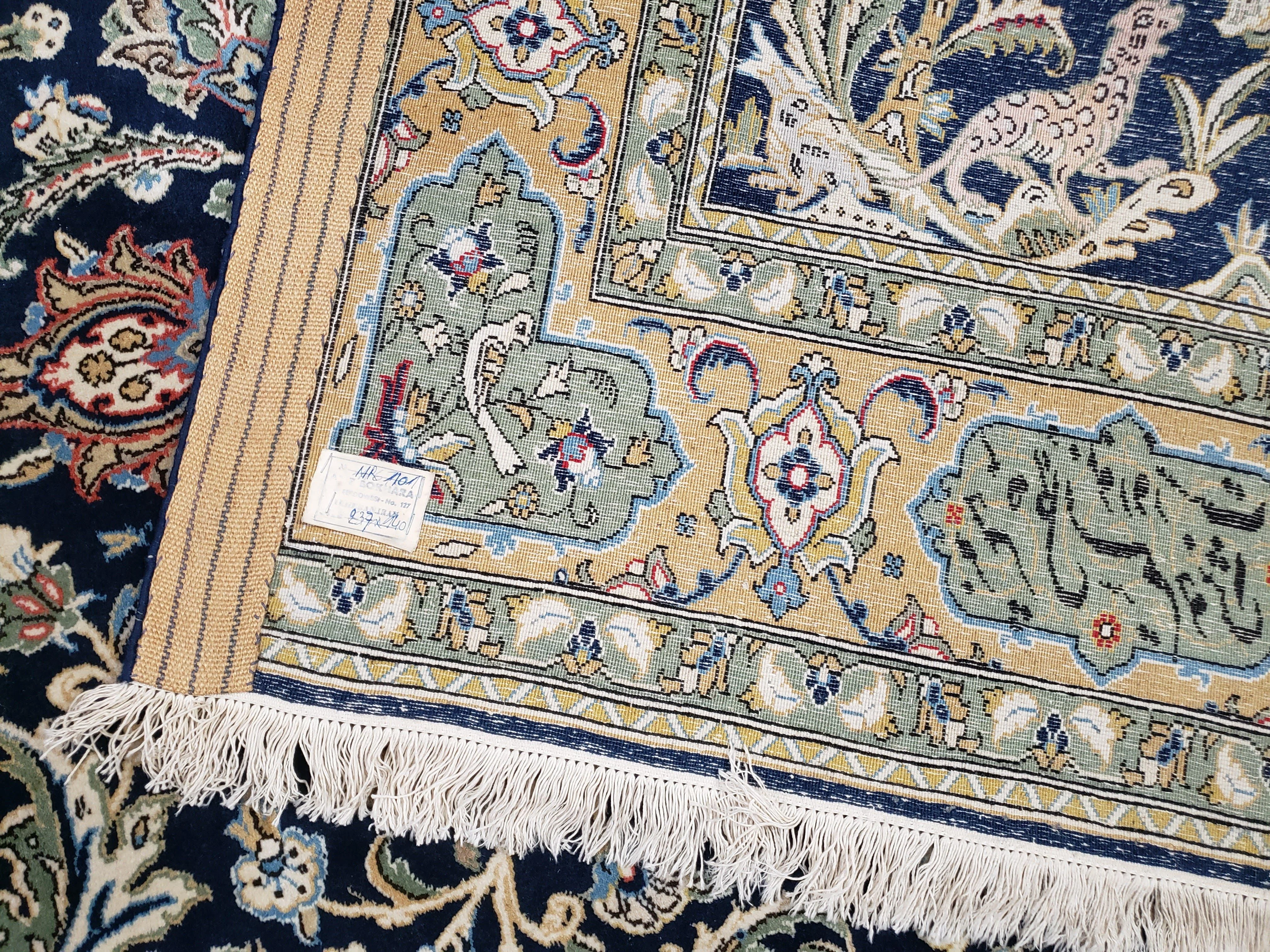 Semi Antique Persian Qum Tree of Life Rug, Hand-Knotted, Wool, Midnight Blue and Tan, Animal Pictorials, Written Poem in Borders, 4' 8" x 7' 8" - Image 10