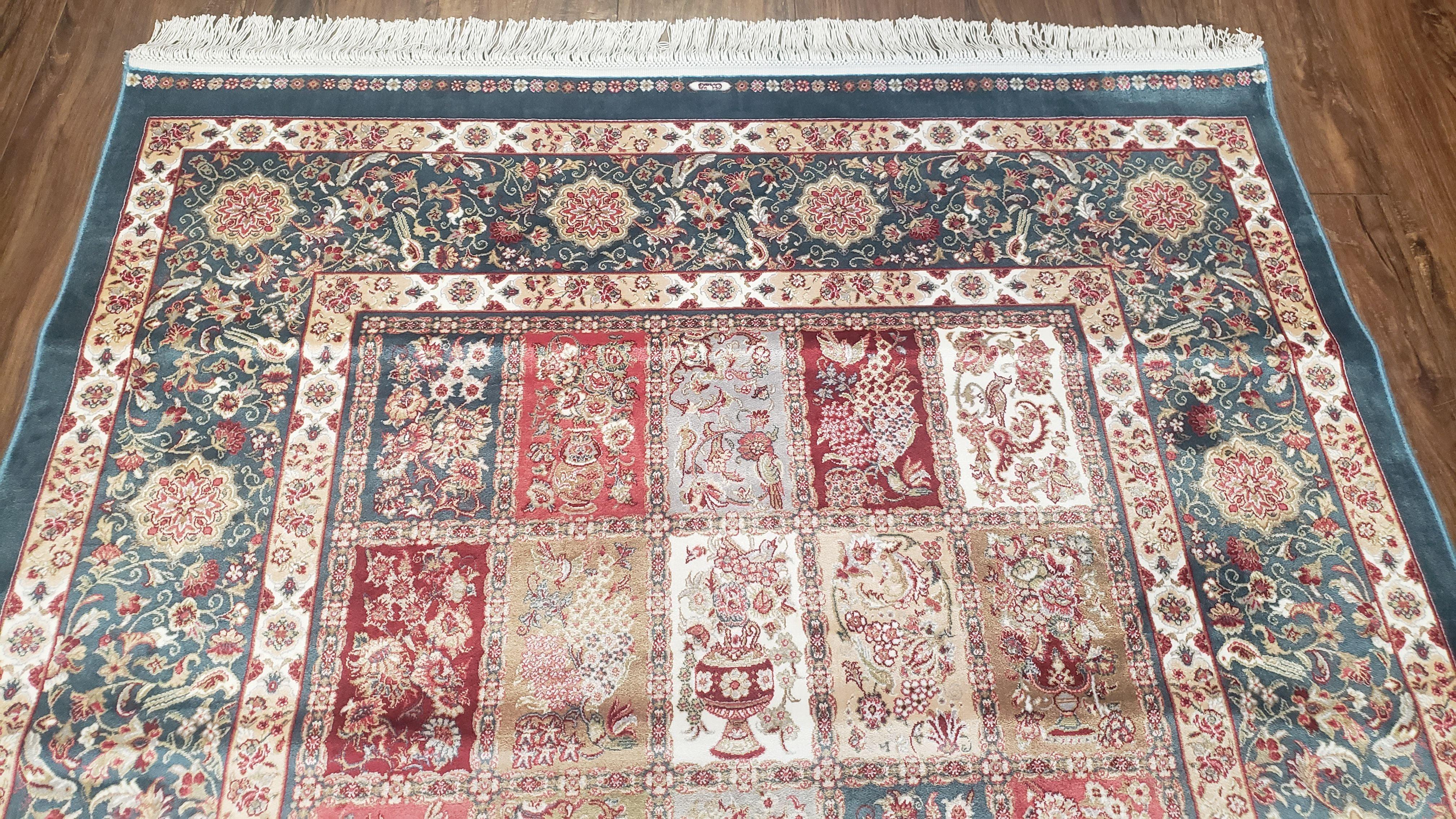 Silk Carpet 4x6 Blue, Panel Design, Four Seasons Pattern, Super Fine & Soft, Bamboo Silk, 4 x 6 Oriental Area Rug, High Quality, New Rug - Image 4