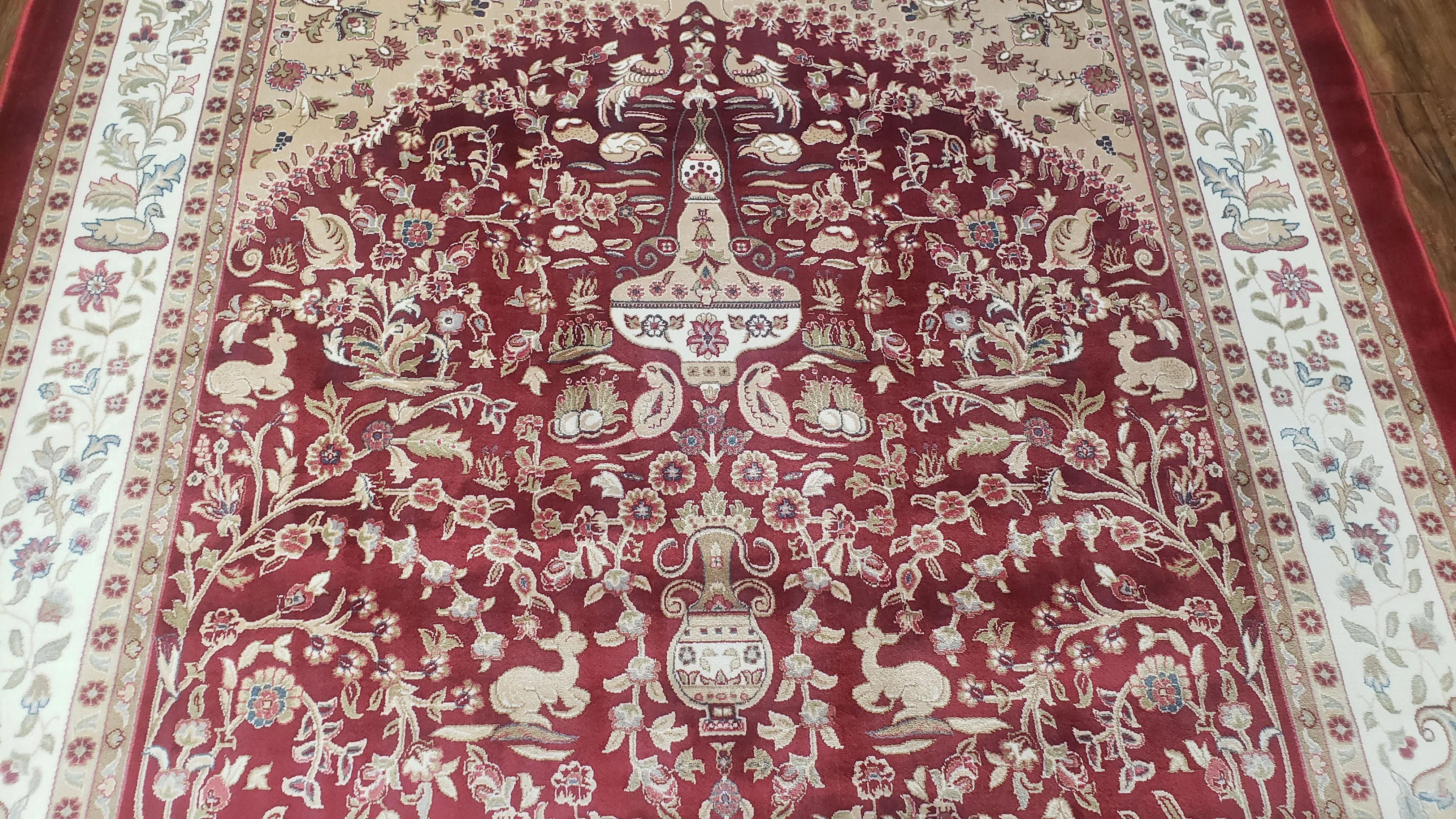 Silk Carpet 4x6 Dark Red & Cream, Tree of Life Rug, Animal Motifs, Birds Deer Rabbits, All Bamboo Silk, 4 x 6 Silk Area Rug - Image 5