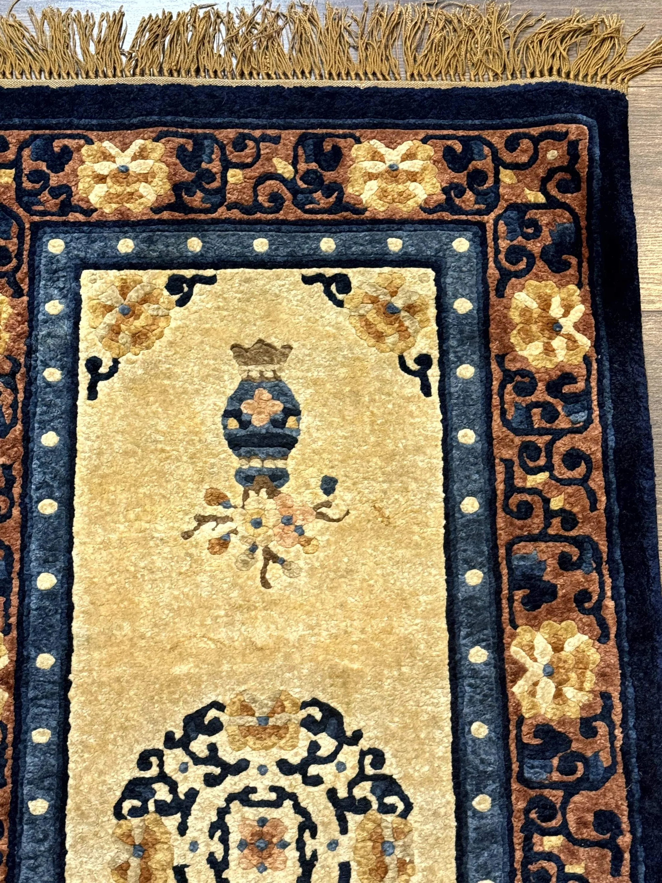 Silk Chinese Rug 2x4, Peking Carpet, Golden-Beige and Blue, Hand Knotted, Simple Design - Image 7