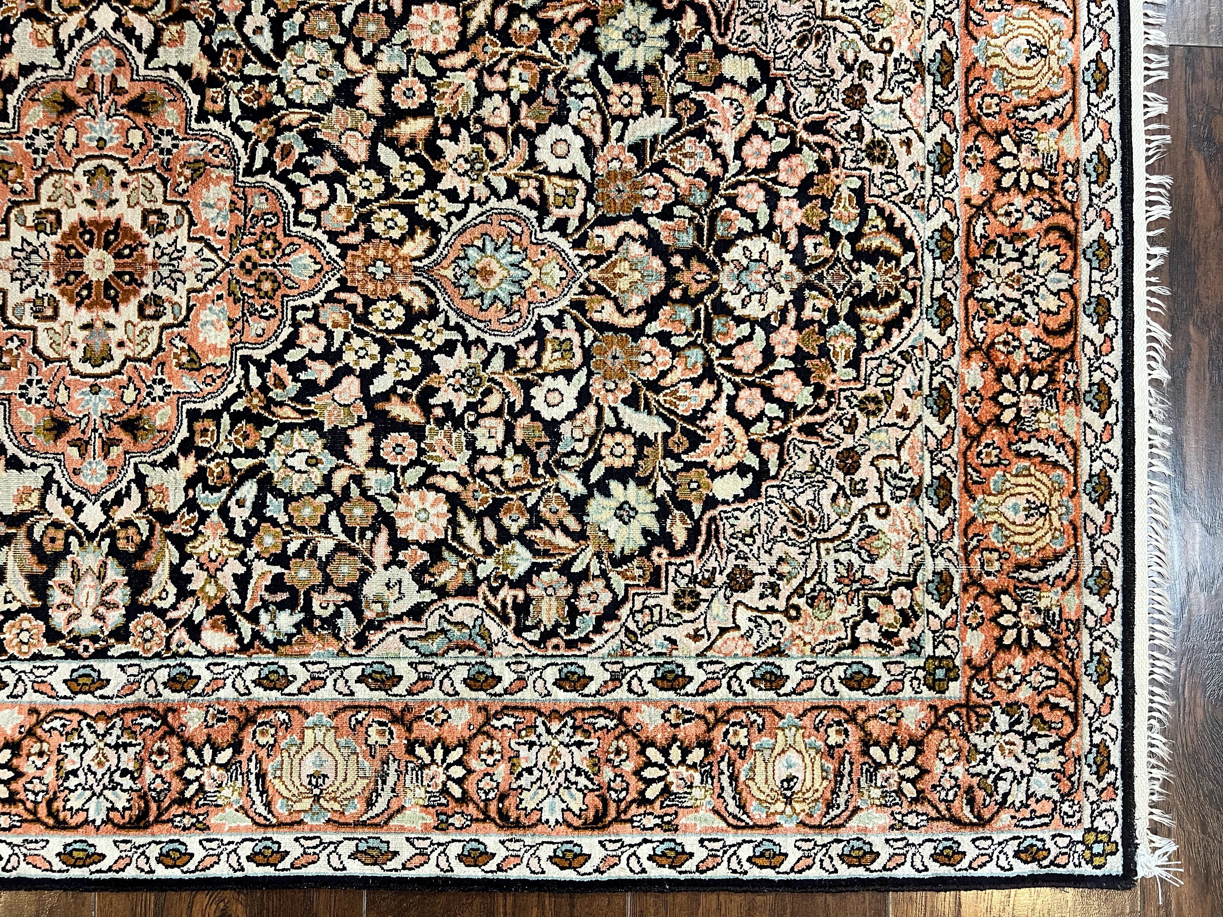 Silk Indian Kashmiri Rug 3x5, Indo Persian Silk on Silk Carpet, Very Fine 350 KPSI, Navy Blue, Handmade, Floral Medallion - Image 9