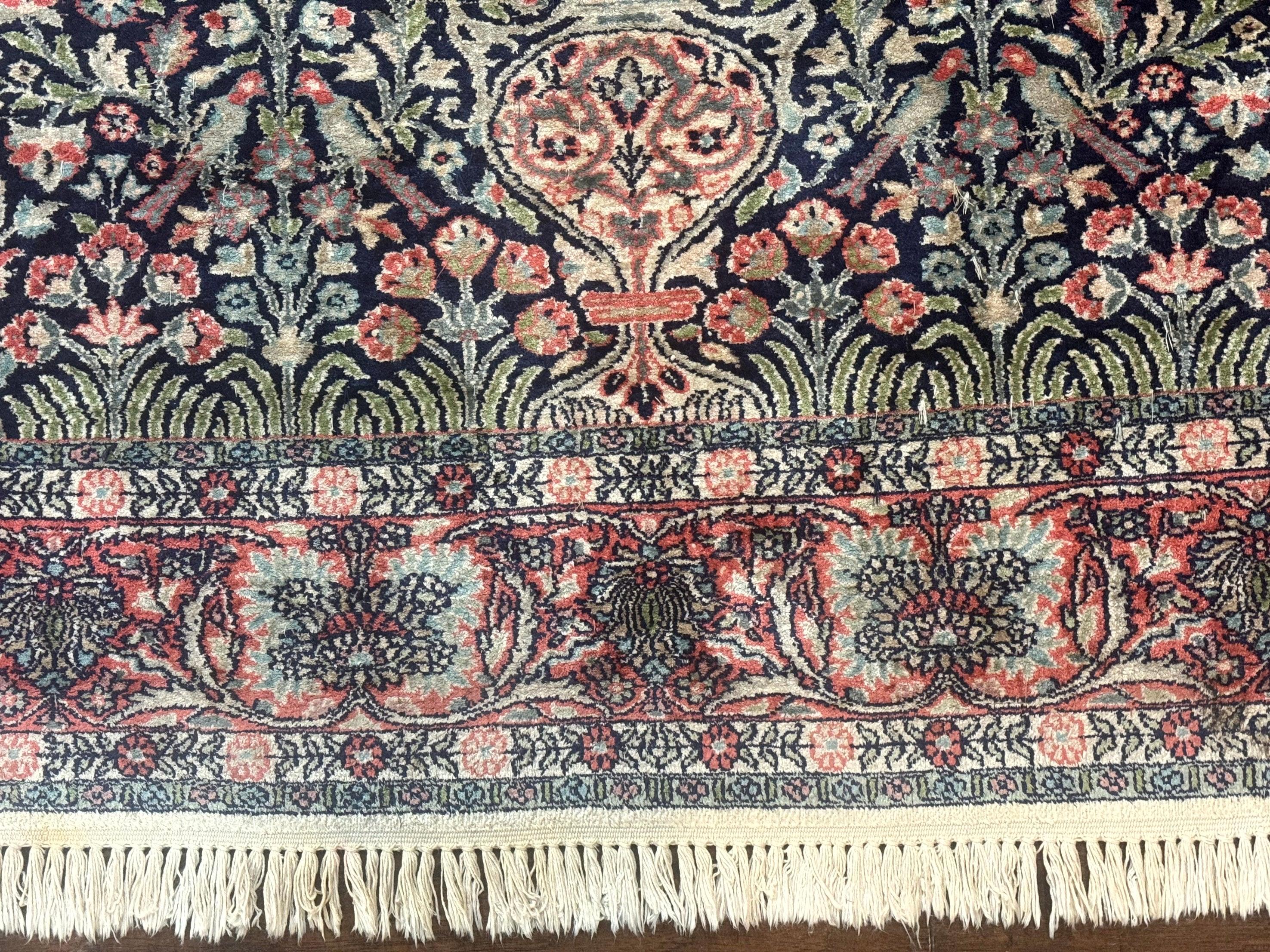 Silk Indian Kashmiri Rug 4x6, Tree of Life Pattern, Birds, Fine 290 KPSI, Navy Blue and Red, Handmade Oriental Carpet - Image 5