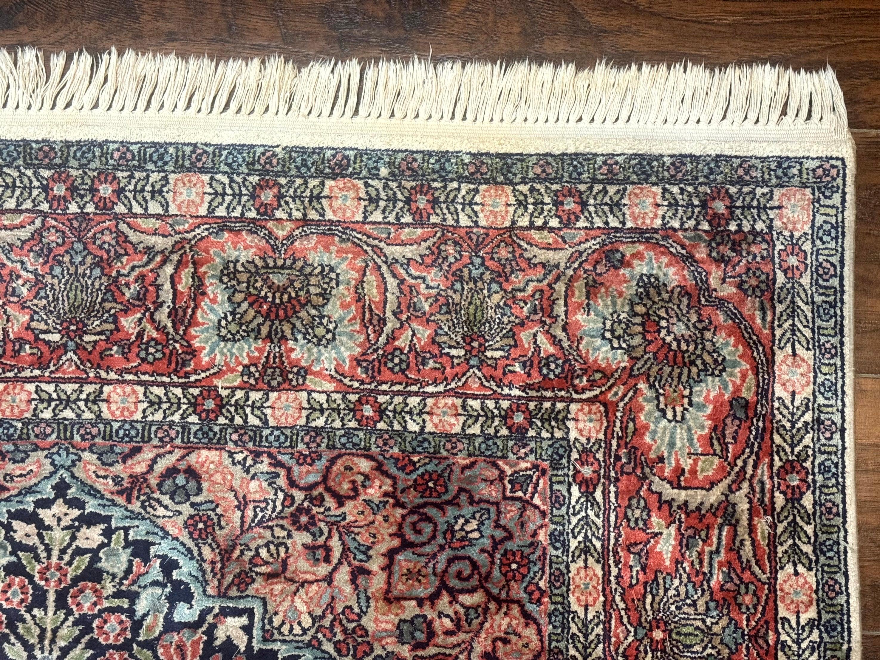 Silk Indian Kashmiri Rug 4x6, Tree of Life Pattern, Birds, Fine 290 KPSI, Navy Blue and Red, Handmade Oriental Carpet - Image 7