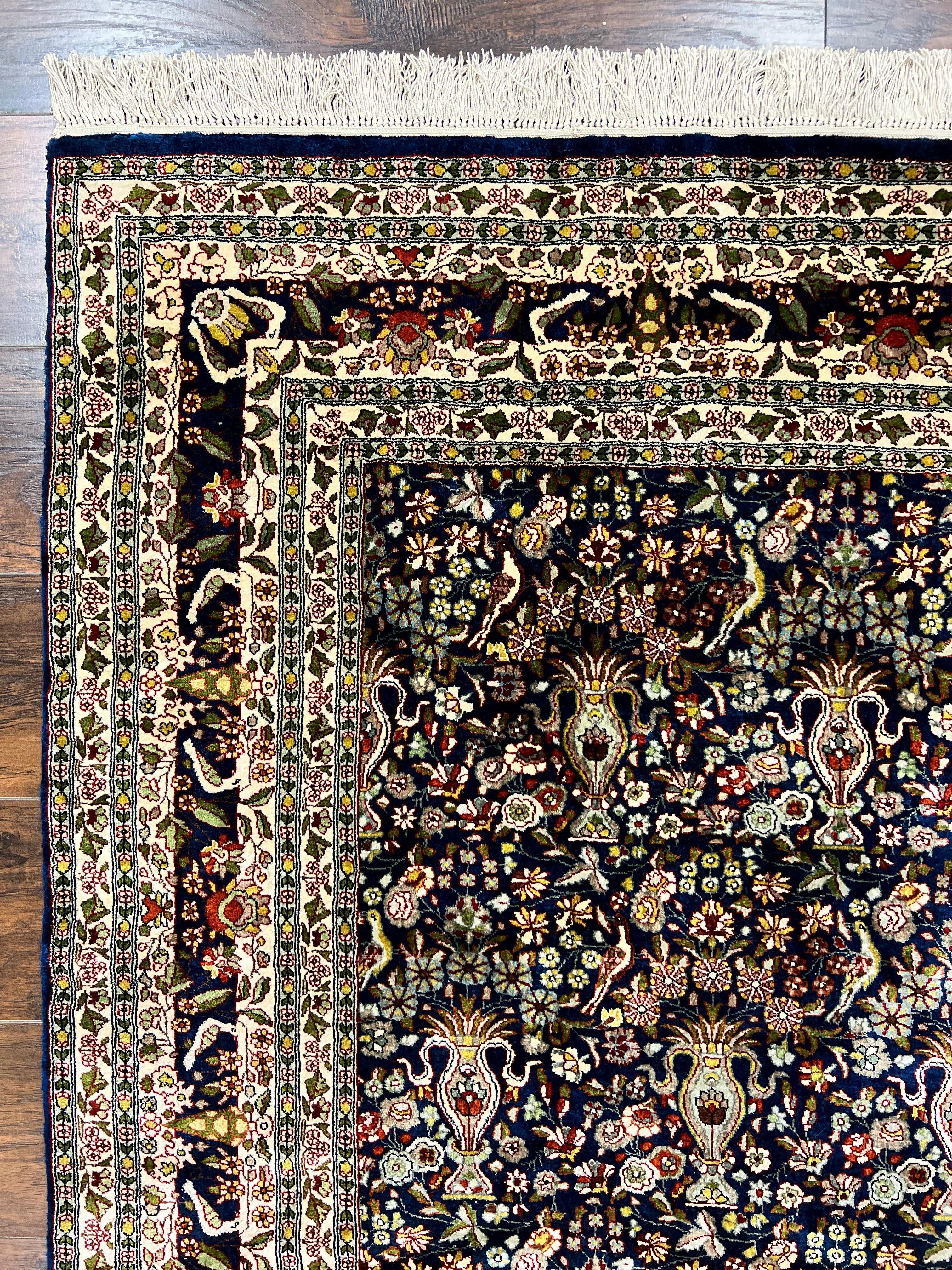 Silk Indian Kashmiri Rug 5x7, Navy Blue Indo Persian Silk Carpet 5 x 7 ft, Hand Knotted Handmade Very Fine Oriental Carpet, 450 KPSI, Birds - Image 6