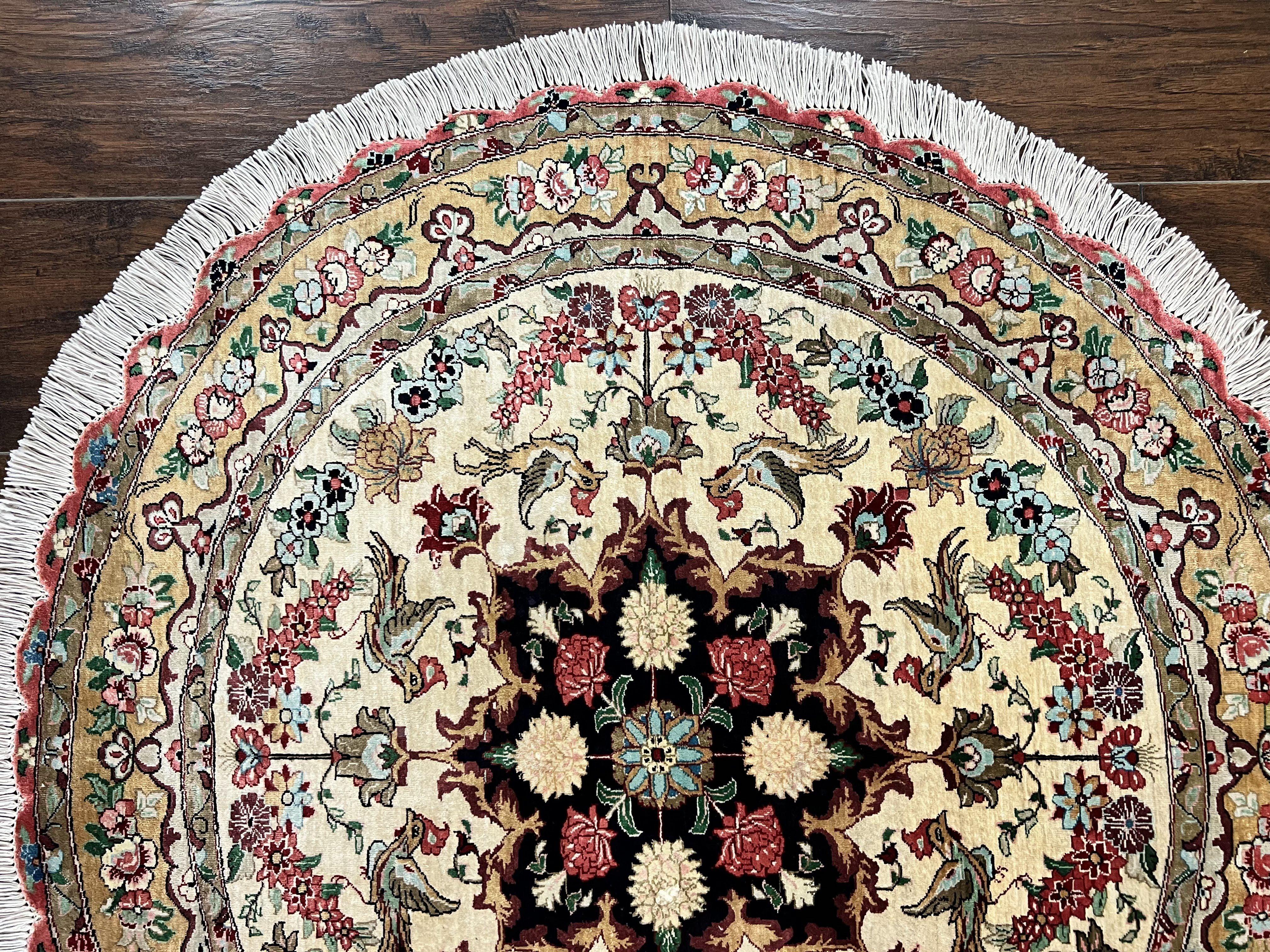Silk Persian Tabriz Round Rug 3x3 ft, Very Fine Hand Knotted Carpet 380 KPSI, Cream & Gold, Bird Pictorials, Floral, Rare - Image 2